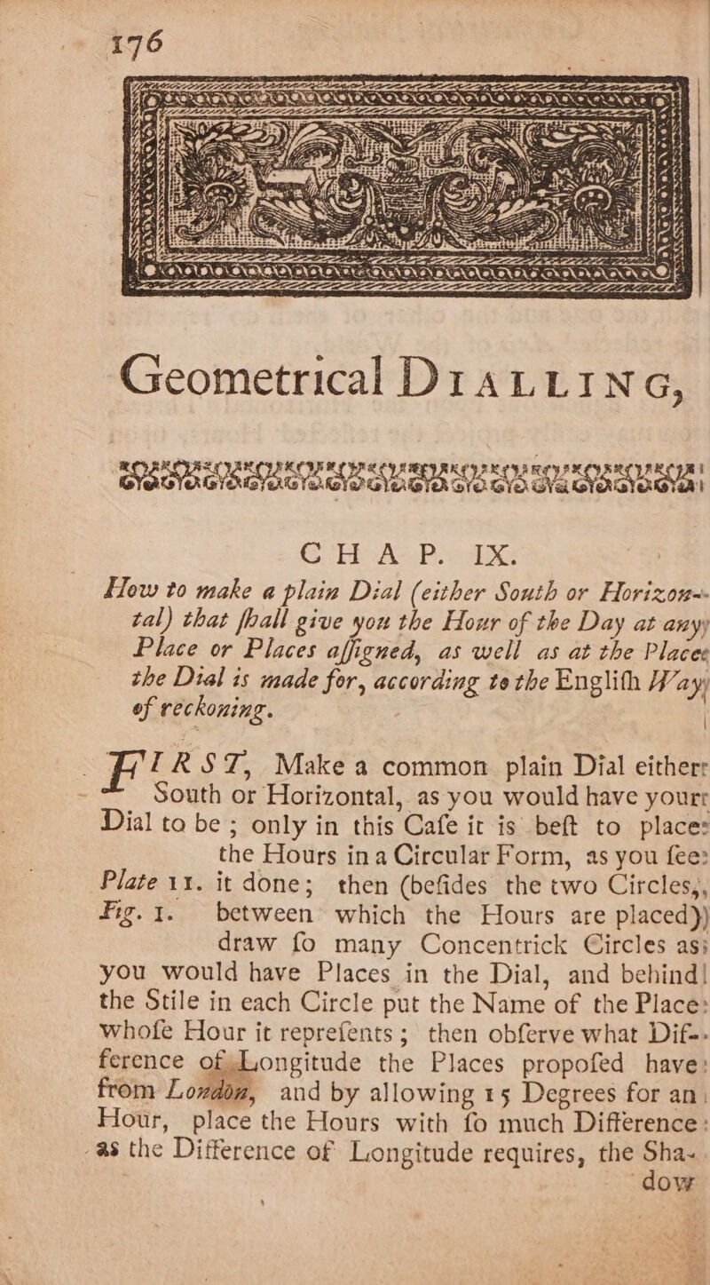 a ES SES CSS Geometrical DiaLLIna, POT Gte tot amt omnia bin atantn atin oT CP AcaP aoe ETow to make a plain Dial (either South or Horizon~- tal) that foall give you the Hour of the Day at any) Place or Places affigned, as well as at the Placee the Dial is made for, according te the Englith Way of reckoning. | Fi RST, Make a common plain Dial eithers South or Horizontal, as you would have yourr Dial ta be ; only in this Cafe it is beft to place: the Hours ina Circular Form, as you fee: Plate 11. it done; then (befides the two Circles,, Fig. 1. between which the Hours are placed)) draw fo many Concentrick Circles asi you would have Places in the Dial, and behind! the Stile in each Circle put the Name of the Place: whofe Hour it reprefents; then obferve what Dif-- ference gesonsitude the Places propofed have: from Lozdoz, and by allowing 15 Degrees for an: Hour, place the Hours with fo much Difterence: a8 the Difference of Longitude requires, the be ow :