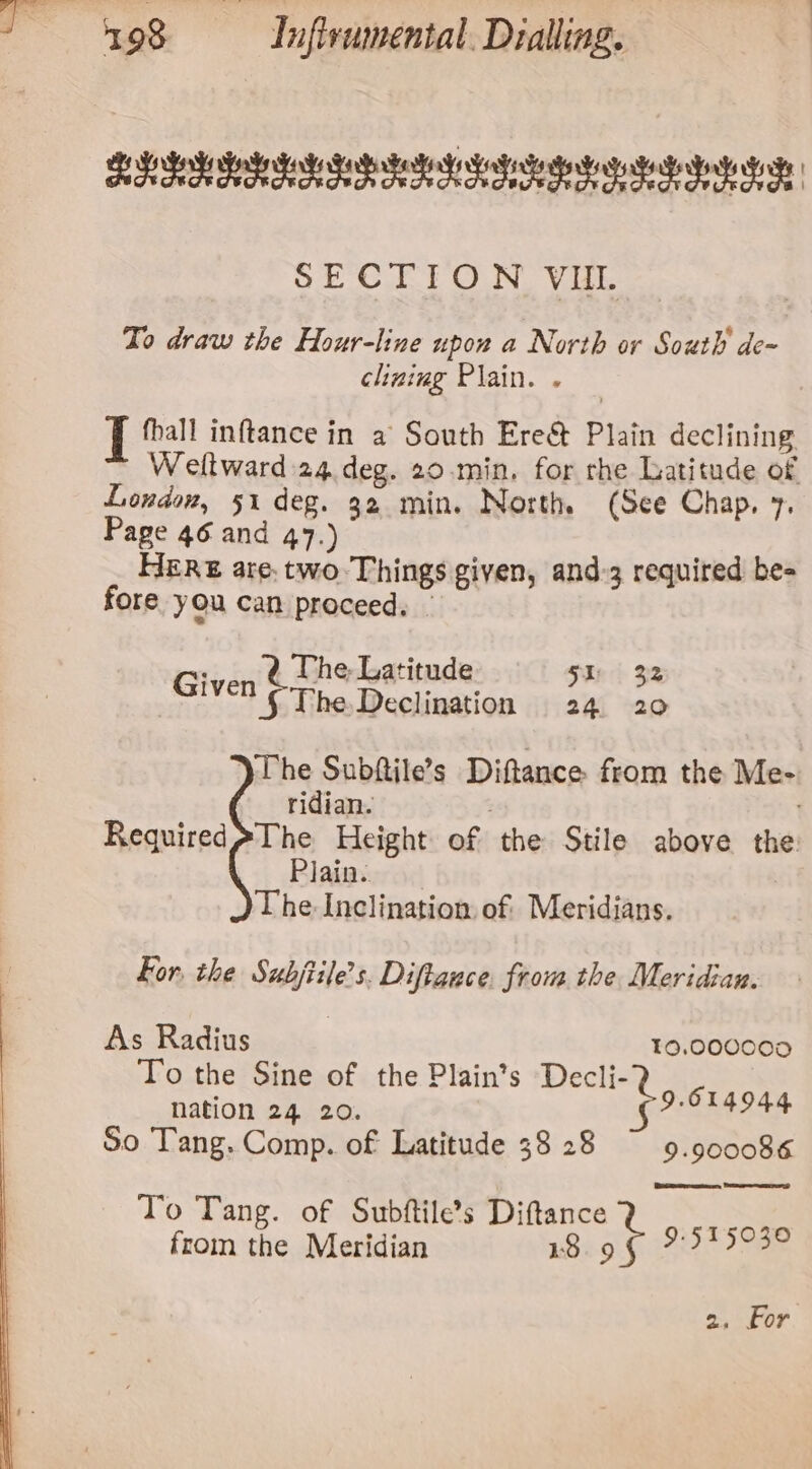 REMMI SR eS Lelie Bedok he Gt SECTION VIL To draw the Hour-line upon a North or South de~ clining Plain. . | fhall inftance in a South Ere&amp; Plain declining Weltward:24 deg. 20.min. for rhe Latitude of London, 51 deg. 32 min. North. (See Chap. 7. Page 46 and 47.) HERz are. two Things given, and-3 required be- fore you can proceed. — | The Latitude 5 32 Given The,Declination 24 20 \The Subftile’s Diftance from the Me- ridian. Required&gt;The Height of the Stile above the: Plain. The Inclination of Meridians. For, the Subjtile’s. Diftauce. from the. Meridian. : As Radius 19,000000 To the Sine of the Plain’s Decli- = nation 24 20. 9.014944 So Tang. Comp. of Latitude 38 28 ~ 9.900086 To Tang. of Subftile’s Diftance from the Meridian 18.9 9.515030 2, For