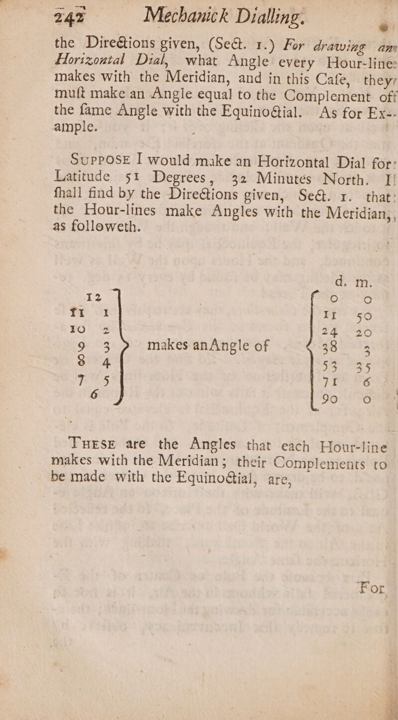 @ the Direéions given, (Set. 1.) For drawing ann Horizontal Dial, what Angle every Hour-line: makes with the Meridian, and in this Cafe, theyy muft make an Angle equal to the Complement oft the fame Angle with the Equino@ial. As for Exe- ample. ; . ; Suppose I would make an Horizontal Dial for: Latitude 51 Degrees, 32 Minutes North. I! fhall find by the Dire@tions given, Se@&amp;. 3x. that: the Hour-lines make Angles with the Meridian, as followeth. d. m. T2 0 Oo TE Ot EE’ 559 IO 2 24 20 9 3 makes anAngle of 38 3 3 4 5335 Th 5 ees | 6 90) O ee THESE are the Angles that each Hour-line makes with the Meridian; their Complements to be made with the Equinodtial, are, For