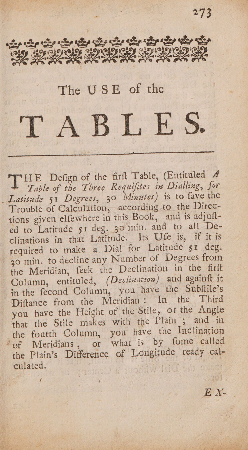 a Defign of the firft Table, (Entituled 4 Table of the ‘Three Requifites in Dialling, for Latitude 51 Degrees, 30 Minutes) is to fave the Trouble of Calculation, according to the Direc- tions given elfewhere in this Book, and is adjuft- ed to Latitude 51 deg. 30 min. and to all De- clinations in that Latitude. Its Ufe'is, if itis » required to make a. Dial for Latitude s1 deg. 30 min. to decline any Number of Degrees from the Meridian, feek the Declination in the firft Column, entituled, (Declization) and againft it in the fecond Column, you have the Subftile’s Diftance from the Meridian: In the Third you have the Height of the Stile, or the Angle that the Stile makes with the Plain ; and in ‘the fourth Column, you have the Inclination “of Meridians, or what is by fome called the Plain’s Difference of Longitude ready cal- culated. ear é: 4 Jp . ee Sia ali ie Beer ees ha iy habe th Iie hata BY we