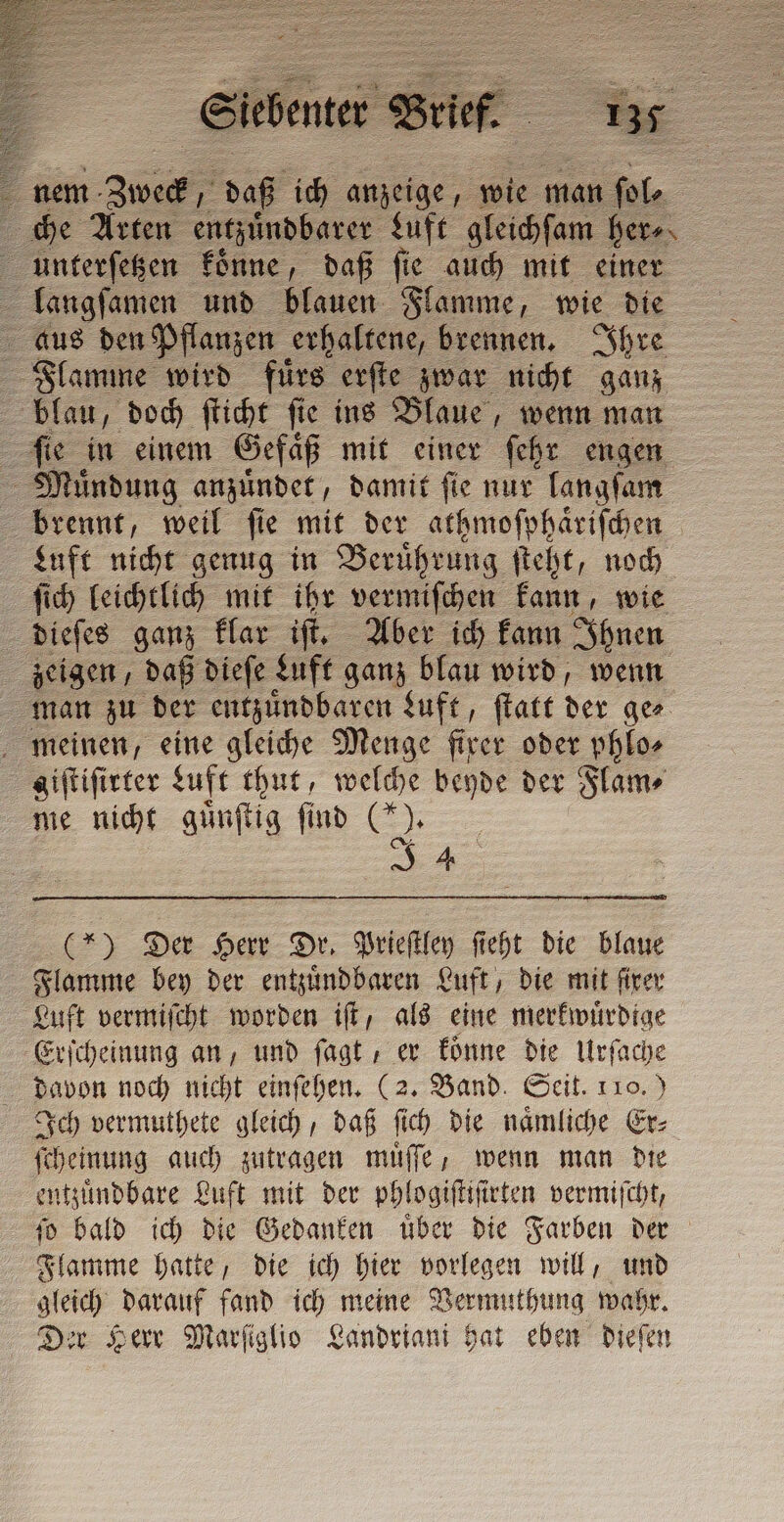 nem si mn. ich anzeige, wie man . che Arten entzuͤndbarer Luft gleichſam her⸗ unterſetzen koͤnne, daß fie auch mit einer langſamen und blauen Flamme, wie die aus den Pflanzen ‚erhaltene, brennen. Ihre Flamme wird fuͤrs erſte zwar nicht ganz blau, doch ſticht ſie ins Blaue, wenn man ſie in einem Gefaͤß mit einer ſehr engen Muͤndung anzuͤndet, damit fie nur langſam brennt, weil ſie mit der athmoſphaͤriſchen Luft nicht genug in Beruͤhrung ſteht, noch ſich leichtlich mit ihr vermiſchen kann, wie dieſes ganz klar iſt. Aber ich kann Ihnen zeigen, daß dieſe Luft ganz blau wird, wenn man zu der entzuͤndbaren Luft, ſtatt der ge⸗ meinen, eine gleiche Menge fixer oder phlo⸗ giſtiſirter Luft thut, welche bende der Flame me nicht guͤnſtig ſind ) SA (*) Der Herr Dr. Prieſtley ſieht die blaue Flamme bey der entzuͤndbaren Luft, die mit ſixer Luft vermiſcht worden iſt, als eine merkwuͤrdige Erſcheinung an, und ſagt, er koͤnne die Urſache davon noch nicht einſehen. (2. Band. Seit. 110.) Ich vermuthete gleich, daß ſich die naͤmliche Er⸗ ſcheinung auch zutragen miiffe, wenn man die entzuͤndbare Luft mit der phlogiſtiſirten vermiſcht, ſo bald ich die Gedanken uͤber die Farben der Flamme hatte, die ich hier vorlegen will, und gleich darauf fand ich meine Vermuthung wahr. Der Herr Marſiglio Landriani hat eben dieſen