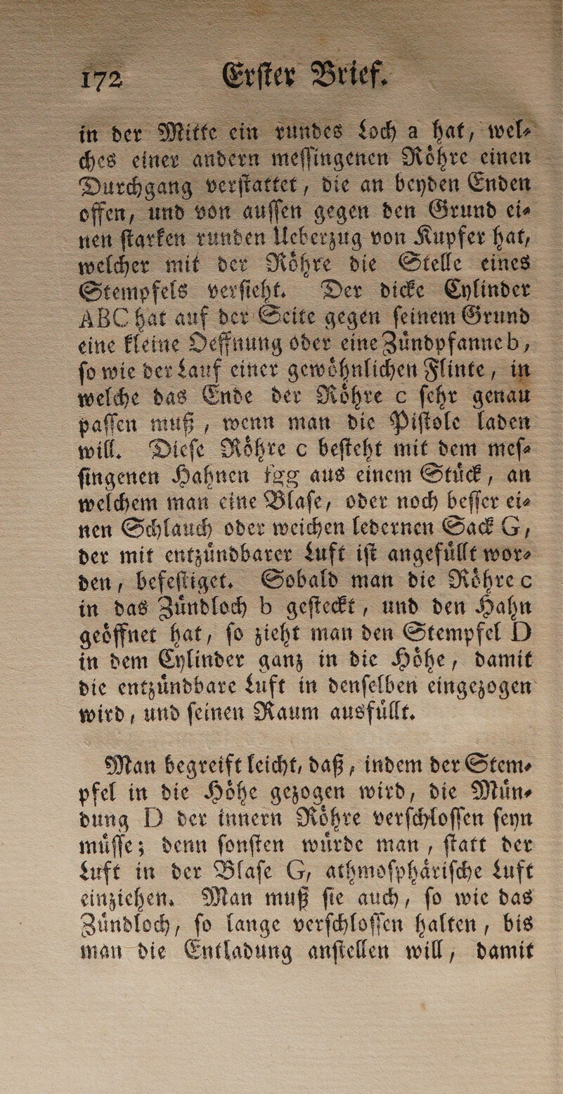 meſſin nen Schlauch oder weichen ledernen Sack G, den, befeſtiget. Sobald man die Roͤhre c in das Zuͤndloch b geſteckt, und den Hahn geoͤffnet hat, fo zieht man den Stempfel D in dem Cylinder ganz in die Hoͤhe, damit wird, und feinen Raum ausfüllt. Man begreift leicht, daß, indem der Stem⸗ pfel in die Hoͤhe gezogen wird, die Muͤn⸗ dung D der innern Nöhre verſchloſſen ſeyn muͤſſe; denn ſonſten wuͤrde man, ſtatt der Luft in der Blaſe G, athmoſphaͤriſche Luft einziehen. Man muß ſie auch, ſo wie das Zuͤndloch, ſo lange verſchloſſen halten, bis man die Entladung anſtellen will, damit a