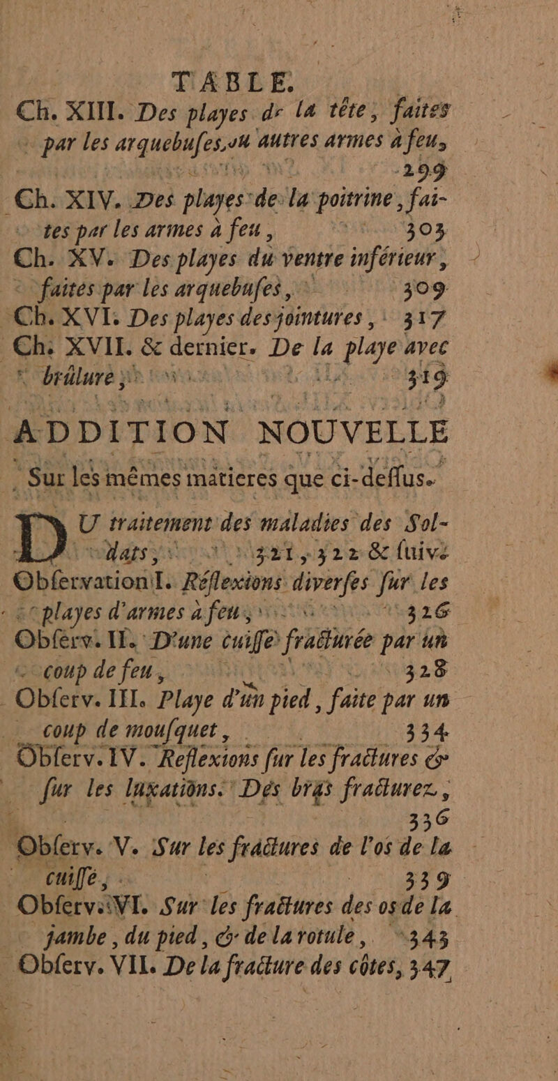 Ch. XIII. Des playes dr la tête, faites par les er autres armes 4 feu; | 299 Ch. XIV. Des plages ds la poitrine, fai- tes par les arimes à feu, HO Ch: XV. Desplayes du ventre inférieur, faites par Les arquebufes, 309: € b. XVI: Des playes desjointures ,: 317 3 Eh XVII. &amp; dernier. De la sPie avec © brâlure A nas. 319 AT DDITION NOUVELLE Su les : mêmes mätieres que ci- deflus. U traitement des maladies des Sol- Maps Sant nat. 7 La Ge five Oblervation: L Réleions diverfes Jr les : «°playes d'armes à fe NU ENT NL Oblere. If. D'une duifé fraturée pee ur coup de feu, F az Obferv. III. Playe d'un pied, faite us un _ coup de moufquet , sh Oblerv. IV. Reflexions fur les te 2 fur les lnations Dés bras frailurez, Obter. V. Sur les fractures de l'os F 1e | cuifé, je ObfervVT. Sur: les fraëtures dé os dé La jambe , du pied, &amp;: de la rotule, “343 Obferv. VIL. De la fraüure des côtes, 347