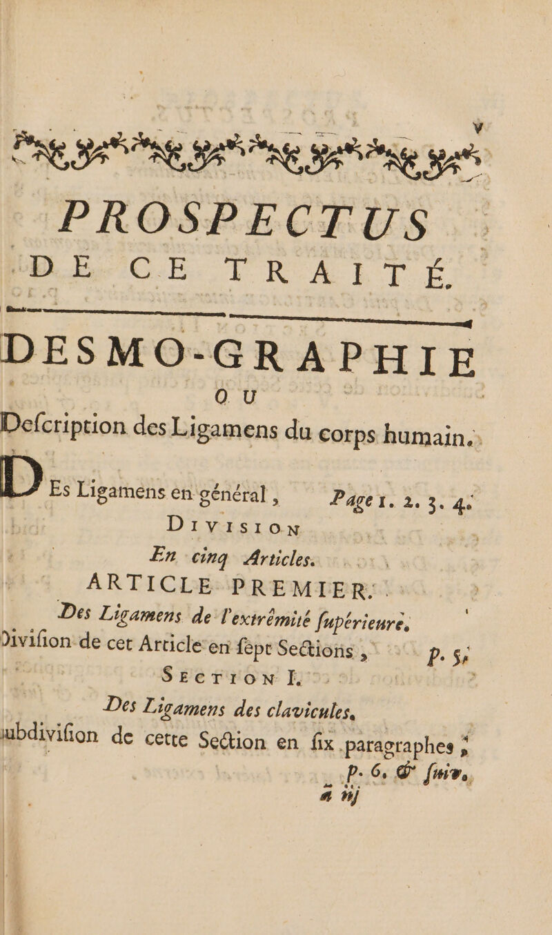PROSPECTUS D BCE. TR A RI DESMO- -GRAPHIE O U Defcription des Ligamens du corps saine D Es Ligamens en général , Page. 2.3. 4. Division | , En cinq Articles. ARTICLE PREMIER: Des Ligamens de l'exirémiré fupérieure, Divifion de cet Article en fept Se&ioris , P$ SECTION I. | Des Ligamens des clavicnules, | ubdivifion de cette Seion en fix paragraphes ; PC fmm, 4 nj