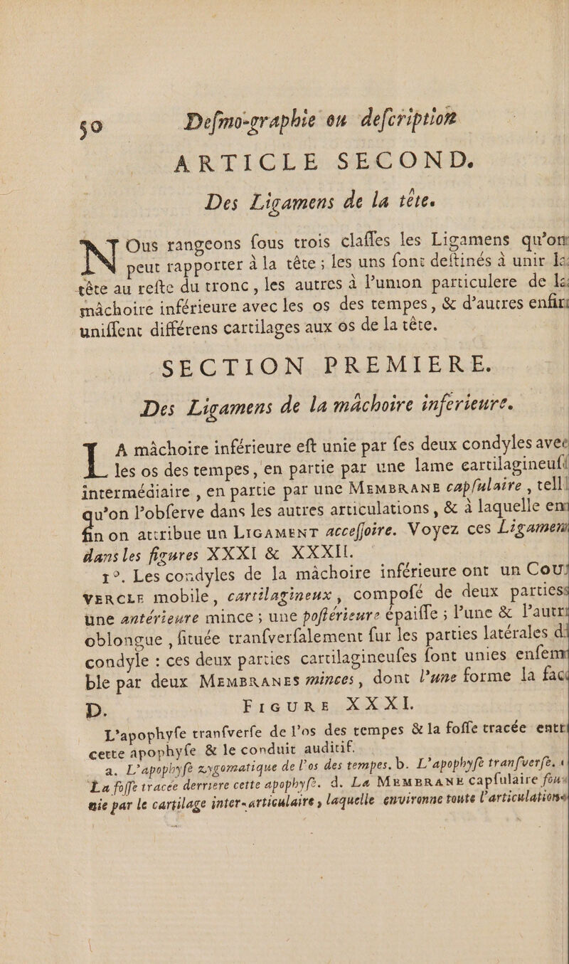 ARTLGCLE SEX OBS Des Ligamens de la tite. Nw T Ous rangeons fous trois claffes les Ligamens qu'om peut rapporter à la tête ; les uns fon: deítinés à unir Lc cête au refte du tronc, les autres à l'union. particulere. de la mâchoire inférieure avec les os des tempes, &amp; d'autres enfin uniflenc différens cartilages aux os de la tête. SECTION PREMIERE. Des Ligameni de la mâchoire inferieure. A mâchoire inférieure eft unie par fes deux condyles avec les os des tempes, en partie par une lame eartilagineuft intermédiaire , en partie par une MEMBRANE caplulaire , relll von l’obferve dans les autres articulations , &amp; à laquelle ex da on attribue un LrcAMENT Acceffoire. Voyez ces RU à dans les figures XXXI &amp; XXXII. 1°. Les condyles de la mâchoire inférieure ont un Cou vzRcLr mobile, carrilagimeux , compofé de deux partiess une antérieure mince ; une pofférieure épaifTe ; l'une &amp; Pautr oblongue , fituée vanfverfalement fur les parties latérales à condyle : ces deux parties cartilagineufes font unies enfe ble par deux MemBranes zizees , dont lune forme la fac D. FicuRE XXXI. L'apophyfe tranfverfe de l'os des tempes &amp; la foffe tracée entt certe apophyfe &amp; le conduit auditif. a. L'apophyfà zygomatique de l'os des tempes. b. L’apophyfe tranfverfe. 4 La foffe tracée derriere cette apophyf. d. La MEMBRANE Capfulaire fous aie par le cartilage inter-articulaire ; laquelle enviranne toute l'articulation
