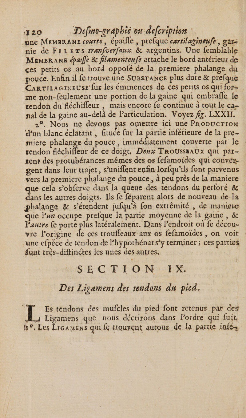 une MEMBRANE courte, épaifle , prefque cartilagineufe , gays nie de FILETS tranfuerfaux &amp; argentins. Une femblable - MemBrans épaiffe &amp; filamentenfe axtache le bord antérieur de ces petits os au bord oppofé de la. premiere phalange du pouce. Enfin il fe trouve une SussTANcE plus dure &amp; prefque CARTILAGINEUSE {ur les éminences de ces petits os qui for- me non-feulement une portion de la gaine qui embraffe le tendon du fléchiffeur , mais encore fe continue à tout le ca- nal de la gaine au-delà de l'articulation. Voyez fig. LX XII. 2%. Nous ne devons pas omettre ici une PRODUCTION d'un blanc éclatant, fituée fur la partie inférieure de la pre- miere pe du pouce, immédiatement couverte par le tendon fléchiffeur de ce doigt, Deux TROUSSSAUX qui par- tent des protubérances mêmes des os fefamoides qui conver- gent dans leur trajet , s'uniffent enfin lorfqu'ils font parvenus vers la premiere phalange du pouce, à peu prés de la maniere que cela s'obferve dans la queue des tendons du perforé &amp; dans les autres doigts. Ils fe féparent alors de nouveau de la phalange &amp; s'étendent jufqu'à fon extrémité , de maniere que Paz occupe prefque la partie moyenne de la gaine , &amp; Vautre fe porte plus latéralement. Dans l'endroit où fe décou- vre l'origine de ces troufleaux aux os fefamoides , on voit une efpéce de tendon de l'hypothénars'y terminer ; ces parties ont très-diftinétes les unes des autres. 1 SECTION- IX. Des Ligamens des tendons du pied. : Es tendons des mufcles du pied font retenus par des l 4 Ligamens que nous décrirons dans Pordre qui fuit, 9. Les Licamens qui fc trouvent autour de la partie infcs