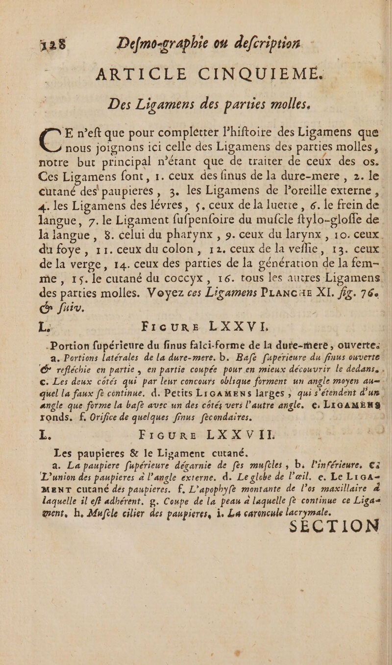 ARTICLE CINQUIEME. Des Ligamens des parties molles. C n'eft que pour completter Phiftoire des Ligamens que L2 nous joignons ici celle des Ligamens des parties molles, notre but principal n'étant que de traiter de ceux des os. Ces Ligamens font, 1. ceux des finus de la dure-mere , 2. le cutané des paupierés , 3. les Ligamens de l'oreille externe, 4. les Ligamens des lévres, 5. ceux dela luetie , 6. le frein de langue, 7. le Ligament fufpenfoire du mufcle ftylo-gloffe de la langue, 8. celui du pharynx , 9. ceux du larynx , 10. ceux. du foye, 11. ceux du colon, 12. ceux de la veflie, 13. ceux de la verge, 14. ceux des parties de la génération de la fem- me, r5. le cutané du coccyx , 16. tous les autres Ligamens. des parties molles. Voyez ces Ligamens PLancae XI. fig. 76» (P fiv. | L. Ficure LXXVL -Portion fupérieure du finus falci-forme de la dure-rere , ouverte; a. Portions latérales de la dure-mere. b. Bafe fuperieure du finus ouverte € réfléchie en partie , en partie coupée pour en mieux découvrir le dedans, , c. Les deux cotés qui par leur concours oblique forment un angle moyen au- quel la faux fé continue. d. Petits LIGAMENS larges ; qui s'étendent d'un angle que forme la baft avec un des côtés vers l'autre angle. €. LIGAMENS ronds. f, Orifice de quelques finus fécondaives. L. FrcURE LXXVIL Les paupieres &amp; le Ligament cutané. a. La paupiere fupérieure dégarnie de fes mu[ftles , b, inférieure, €i ‘L'union des paupieres à l'angle externe. d. Le globe de l’æil. e. Le LiGA= MENT Cutané des paupieres. f£. L'apophy(e montante de los maxillaire à laquelle il eff adhérent. g. Coupe de la peau a laquelle fe continue ce Ligas gent, h, Mufile cilier des paupieres, à. La caroncule lacrymale. SECTION