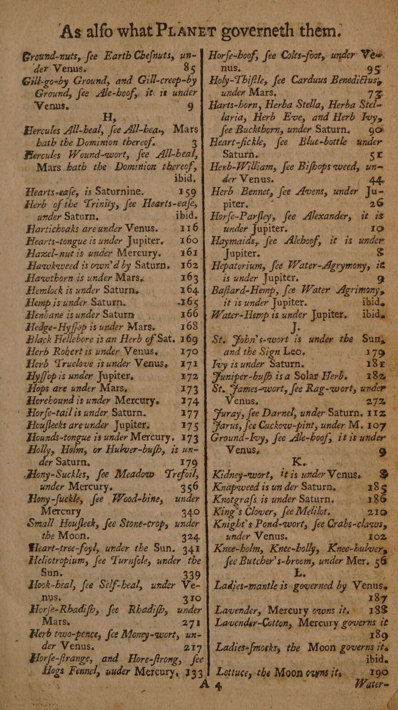 Ground-nuts, fee Earth Chefnuts, un- der Venus, 8 Venus. 9 bath the Dominion thereof. 3 Percules Wound-wort, fee All-beal, Mars. bath the Dominion thereof, ibid, Fier teouitty is Saturnine. #59 Herb of the Trinity, fee ase under Saturn, ibid. Hoartichoaks areunder Venus. 116 | Flearts-tongue is under Jupiter, 160 Hazel-nut is under Mercury, 461 Hawhkweed is own’ d by Saturn. Hawthorn is under Mars« Hemlock is under Saturns Hemp issunder Saturn. -365 Henbane isunder Saturn _ , 166 Hedge-Hyf]ap is under Marss. 163) Black Hellebore is an Herb of Sat. 169 Herb Robert is under. Venus. Herb Truelove is under Venus. Hy/]op is under Jupiter, 172 Hops are under Mars, 173 Horehound is under Mercury. 174 \ Horfe-tail is under Saturn. 177 Hlouflecks areunder Jupiter. 175 Hounds-tongue is under Mercury. 173 er Saturn, under Mercury. 356 Hony-fuckle, fee Wood-bine, under . Mercury 34.0 Small Houfleek, fee Stone-crop, under the Moon. 324, Fleart-tree-foyl, under the Sun. 341 “Heliotropium, fee Turnfole, under the Sun, ee bye fee Self-heal, under Vee Horje-Rbadi ify fee Rhad; if, ae Mars. 271 Herb two-pence, fee Money -wort, un-= der Venus, 217 : lor fe-frange, a Horfe-boof, fee Colts-foor, under Vex nus, 95 | Holy-Thifile, fee Carduus Boneditiusy under Mars, 7%, Harts-horn, Herba Stella, Herba Stel laria, Herb Eve, and Herb Ivyy fee Buckthorn, under Saturn, 90 Heart-fickle, fee Blue-bottle under - Saturn.. 5r Herb-William, fee Bifhops weed, or . der Venus. Herb Bennet, fee Avens, sender he piter. 26 Horfe-Parfley, fee Alexander, it i under Jupiter. 1° Haymaids, fee Aleboof, it is under Jupiter. $ Hepatorium, fee Water-Agrymony, it is under Jupiter. 3 Baftard-Hemp, fee Water Agri TOMY » it is under Jupiter. ibid, Water-Hemp 18 6 Jupiter. ‘ibida Sts Fobn’s-wort is under the Suny and the Sign Leo. es Tuy is under Saturn. © Funiper-bufh isa Solay Herb. 18% St. Fames-wort, See Rag-wort, under Venus, 27% | Furay, fee Darnel, under Saturn, 11% © Farus, fee Cuckoou-pint, under M, 107 _ Venus. ; eee K.. i dnc mit, it is cade eae Z 2 : Knapweed is un der Saturn, 185 Knotgrafs is under Saturn. . 186 King’s Clover, fee Melilot, 210° Knight's Pond-wort, fee Crabs- cages ; under Venus. Knee-holm, Knee-bolly, Kr: bubry _. fee Butcher s-broom, under Mer, sf Ladjes-mantle i iS governed by Venusy iar HO Mercury sans. it, 188 Lavender-Cotton, Mercury ds it 18 Ladies=/mosksy tbe Moon governs? ite am i ibid. Lettucey: ibe Moon oun ite, 190 &amp; | Weise re