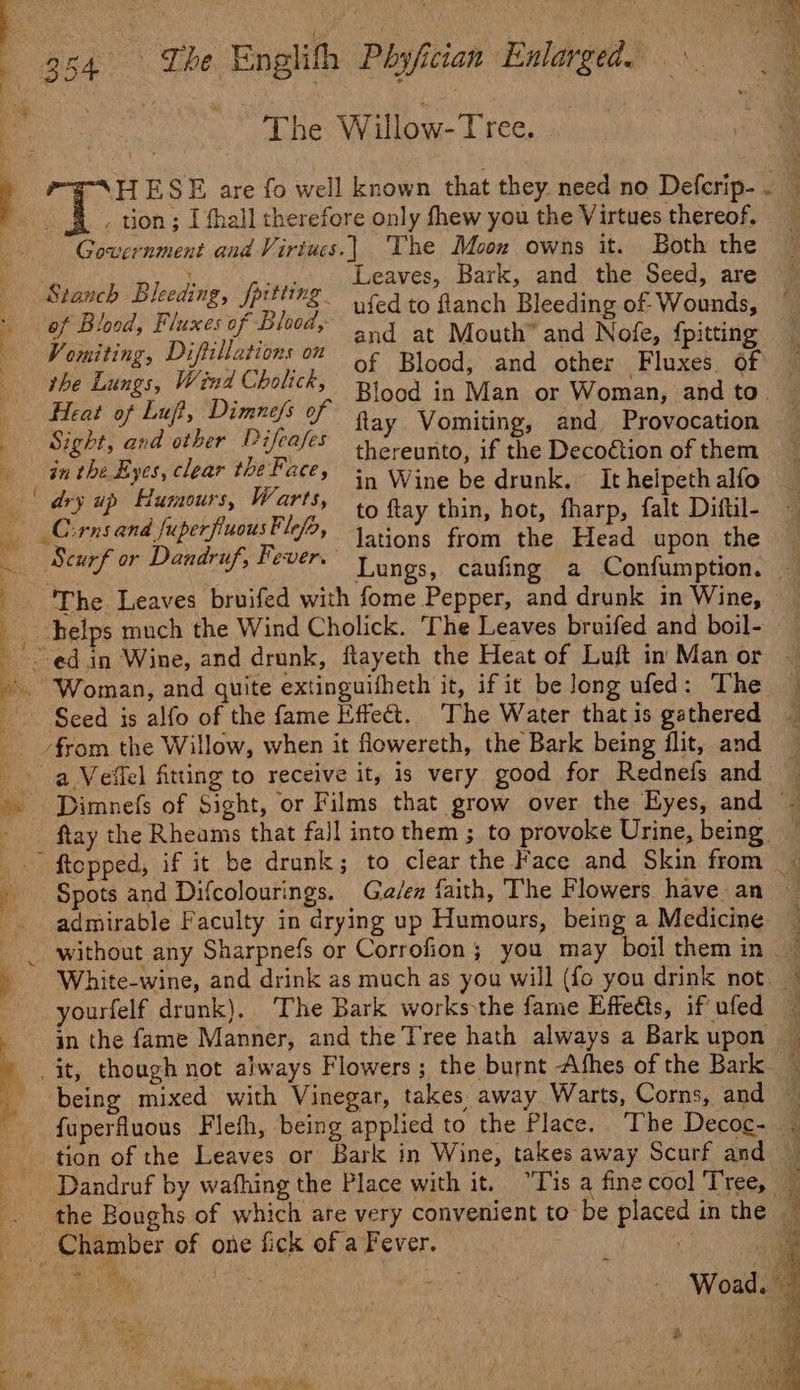 | } | ~ The Willow-Tree. , tion; I thall therefore only fhew you the Virtues thereof. Government and Virtucs.| The Moon owns it. Both the Leaves, Bark, and the Seed, are of Blood, Fluxes of Bloody 5.4 ar Mouth” and Nofe, {pitting the Lungs, Wind Cholicr, Blood in Man or Woman, and to Heat of se rig y ftay Vomiting, and Provocation Sight, and other i “ thereunto, if the Decoétion of them in the Byes, clear toe Pacey +) Wine be drunk. It helpeth alfo dry up Humours, Warts, +9 fay thin, hot, fharp, falt Diftil- helps much the Wind Cholick. The Leaves bruifed and boil- Seed is alfo of the fame Effect. The Water that is gathered ftay the Rheams that fajl into them ; to provoke Urine, being. admirable Faculty in drying up Humours, being a Medicine without any Sharpnefs or Corrofion; you may boil them in yourfelf drunk), The Bark worksthe fame Effects, if ufed fuperfluous Flefh, being applied to the Place. ‘The Decoc- rae oy ARE Wee ee