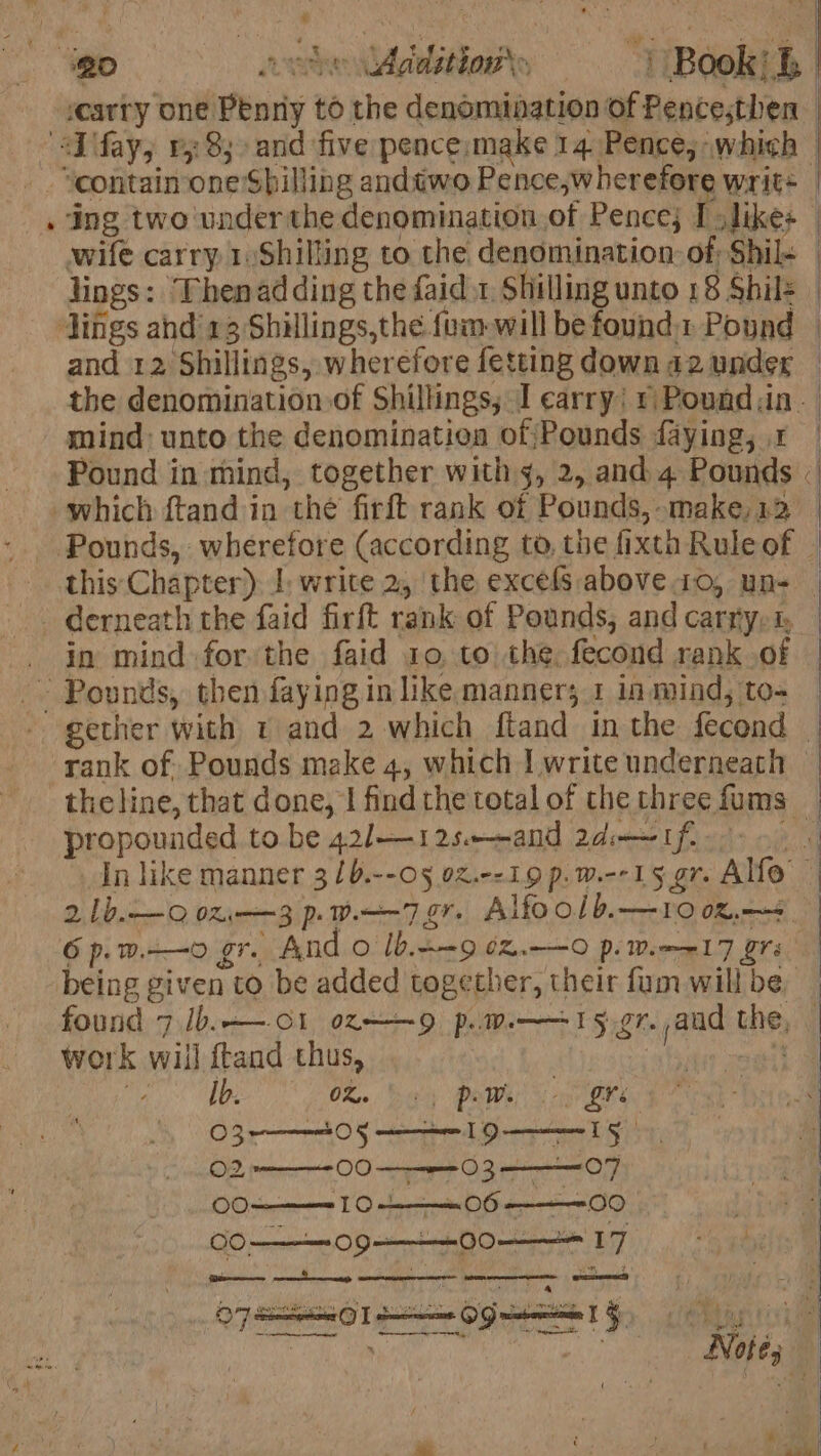 ey wife carry 1 Shilling to the denomination: of Shil- mind: unto the denomination of Pounds faying, . which ftand in thé firft rank of Pounds, make,12 in mind for the faid 10, to the, fecond rank .of propounded to be 42/—12s.-and 2dimw If found 7 1b.—o1 ox——9 p..0.——=15-gr. aud the, work will ftand thus, } dey eas’ op inan ? Oke See's Pres oi nh BE O30 OS o2 00 —— 03 07 oo- 10 en OF = 00 CO 09 + +00 ——= 17