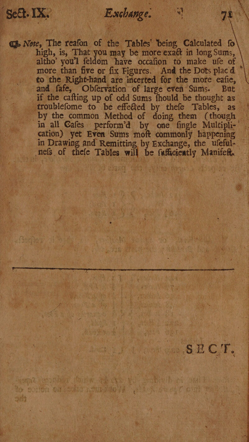 Py ian he Ty NG ; TEU re 4 ; Exxchar “ ; aK id KG Wie a IZ Eo * : “oi Day Sinan Pe ASN bait s 5) Ama NOR ee 4 i SS PRU EIA @ Note, The reafon of the Tables’ being Calculated fo high, is, That you may be more exaét in long Sums, altho’ you'l feldom “have occafion to make ufe of more than five or fix Figures. And the Dots placd *\ to the Right-hand are incerted for the more eafie, \ and fafe, Obfervation of large even Sums. But _ if the cafting up of odd Sums fhould be thought as |. troublefome to be effe&amp;ed by thefe Tables, as ' - by the common Method of doing them (though -- im_all @afes perform’d by one fingle Multipli-’ . cation) yet Even Sums moft commonly happening in Drawing and Remitting by Exchange, the ufeful- _ mefS of thefe Tables wit be {uficieatly Manifeft. “ NL aoe : AES Tia ; fi ae ee 7. ‘ 4 “f Ne ’ ‘ x . ' ‘a is ee bans Fa . x ‘ j SNER cat 8h C/T Nee rary: 4 ya mS ° : i Sa i ed Sg us 3 4 yy t ie : i sa . { : ®