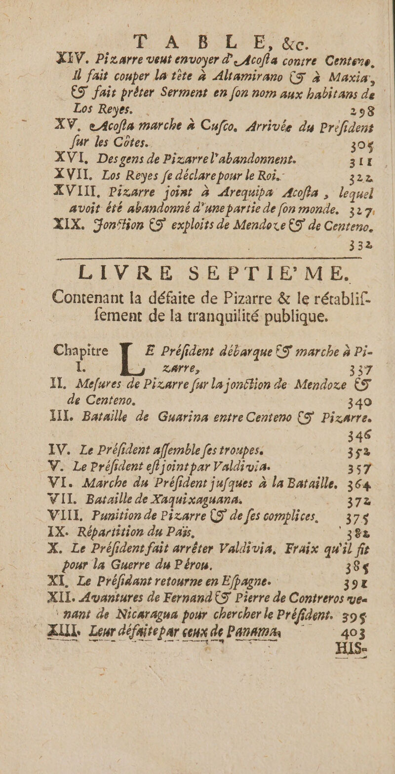 PA BL ES Se. XIV. Pizarre veut envoyer D Acoffa contre Centers, 1 fait couper la tête à Altamirano {3 à Maxia, ES” fair prêter Serment en fon nom aux St de Los Reyes. . 98 XV. eAcofla marche à Cufco, Arrivée du Pref os fur les Cotes. 30$ XVI, Des gens de Pizarrel'abandonnent. 311 XVIL Los Reyes fe déclare pour le Roi. 32 XVIII, Pizarre joint à Arequipa Acofia , lona avoit ésé abandonné d'une partie de fon monde. 327, XIX. Jonfhion ES” exploits de Mendoxe ES de Centeno. 332 LIVRE SEPTIEME Contenant la défaite de Pizarre &amp; le rétablif. lement de la tranquilité publique. a: L.* Préfident débarque ES marche à Pi- le ZAYYe, 337 IL po de Pizarre fur la jonétion de Mendoze ES de Centeno, 340 111. Bataille de Guarina entre Centeno CS Pizarre. 346 IV. Le Préfident affemble fes tro pese 352 V. Le Préfident eft joint par Valdi via. 357 VI. Marche du Préfident jufques à la Bataille, 0 VIL Bataille de Xaquixaguana. 37e VIII Punition de Pizarre (S de fes complices, se $ IX. Répariition du Pass, X. Le Préfident fait arrêter Valdivia, Fraix qu À he pour la Guerre du Pérou. 385 XI, Le Préfidant retourne en E fpagne. 398 XIL. Avantures de Fernand KS Pierre de Contreros yea ‘nant de Nicaragua pour chercher le Préfident. 395 : AUX Leur défaitepar cea 2 Para A ¡ 403 ea —— — |