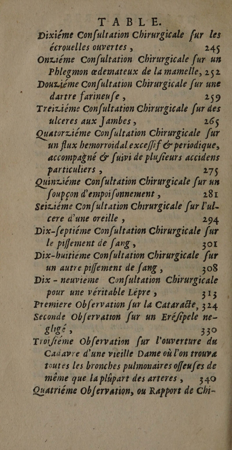 T' ABLE pixiéme Confulration Chirurgicale fur les écrouelles ouvertes , 245 Onziéme Confultation Chirurgicale [ur un Phlegmon œdemateux de la mamelle, 252 Douxziéme Confultation Chirurgicale [ur une dartre farineufe , 259 Treiziéme Confultation Chirurgicale [ur des ulceres aux Jambes, 26$ Quatorziéme Confultation Chirurgicale [ur un flux bemnorroidalexcef]if 6 periodique, accompagné G fuivi de plufieurs accidens particuliers , 275 Quinziéme Confultation Chirurgicale [ur un foupçon d’empoifunnement , 281 Seiziéme Con{ultation Chrrurgicale [ur l'ul. cere d’une oreille , 294 Dix-f{eptiéme Confultation Chirurgicale [ur Le pifement de [ang , 30I Dix-huitième Con[ultation Chirurgicale [ur un autre piffement de fang, 308 Dix - neuvieme Confultation Chirurgicale pour une véritable Lépre » 313 Premiere Obfervation [ur la Cataraite, 314 Seconde Obfervation [ur un Eréfipele ne- UE 330 Tivifiéme Obfervation [ur l'ouverture du Cadavre d’une vieille Dame où l'on trouva toutés Les bronches pulmonaires offeufes de même que la pläpart des arteres, 340 Quatrième Obfervation, ou Rapport de Chi-