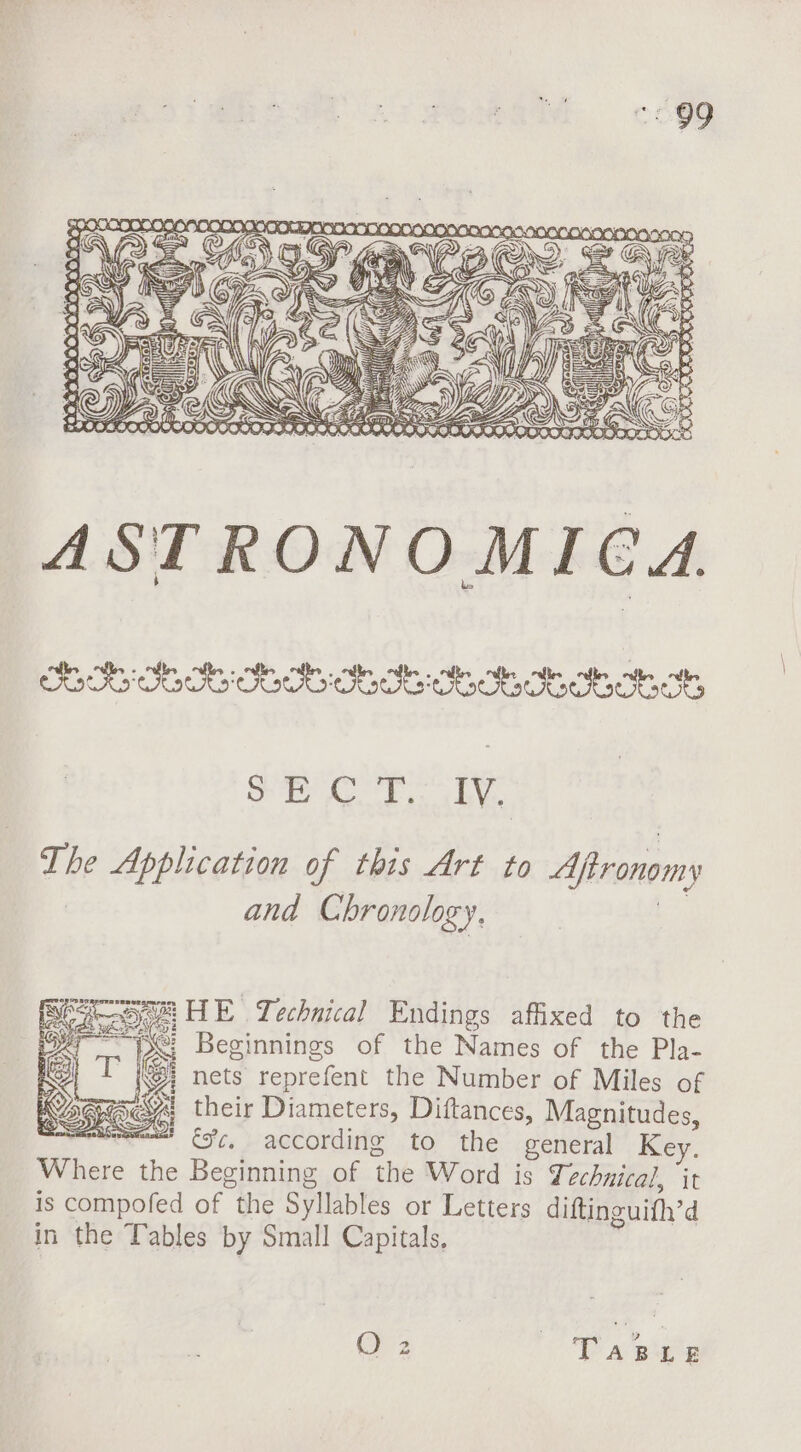 ODOCOSOS OOO SAAD » IN Ae “i &gt; ASTRONO MICA COO CO OD CoO OO chatty ro abe gt RS arate The Application of this Art to Afironomy | and Chronology. a Erg ae HE Technical Endings affixed to the ere: Beginnings of the Names of the Pla- ey nets reprefent the Number of Miles of yi their Diameters, Diftances, Magnitudes, were fof, accordine to ‘the general Key. Where the Beginning of the Word is Technical, it is compofed of the Syllables or Letters diftinguifh’d in the Tables by Small Capitals, Or TABLE