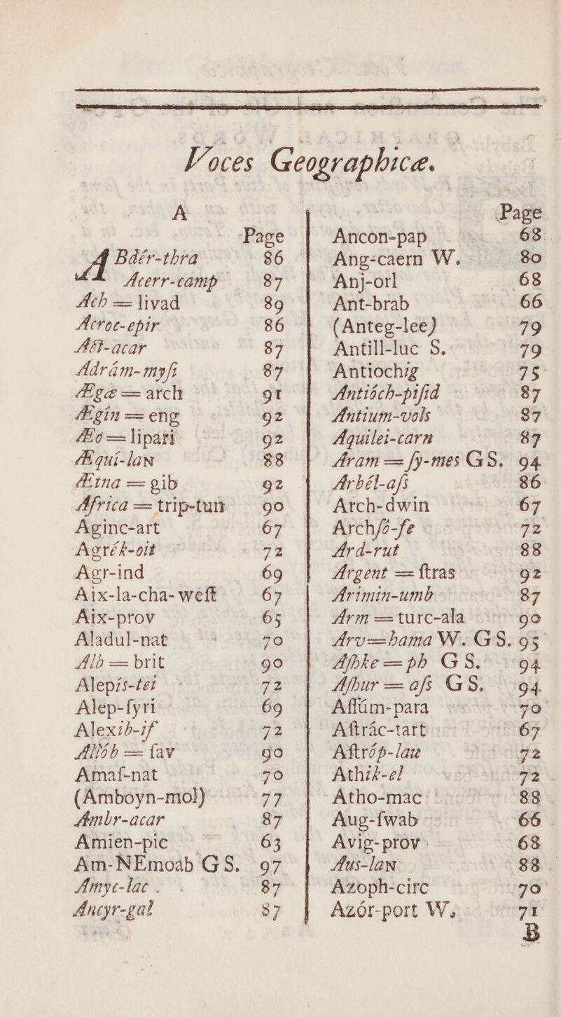 A Af Baér-thra Acerr-camp Ach = \ivad Atroe-epir AGt-acar Adram-myfi 4ige = arch Agin = eng f= lipari A qui-lan Aina = gib Africa = trip-tan Aginc-art Agrék-olt Agr-ind Aix-la-cha- weft Aix-prov Aladul-nat yh == brit Alepis-tez Alep-fyri Alextb-if Allob = fav Amaf{-nat (Amboyn-mol) fmbr-acar | Amien-pic Amyc-lac . Ancyr-gal ieee Page Ancon-pap 63. Ang-caern W. 80 Anj-orl 68 Ant-brab 66 (Anteg-lee) 79 Antill-luc 5. 79 Antiochig 75 Antibch-pifid 87 Antium-vols 87 Aquilei-carn 87 Aram = fy-mes GS, 94 Ar bél-afs 86 Arch-dwin 67 Arch/-fe ve Ar d-rut | 88 Argent = ftras gz Arimin-umb 87 Arm = turc-ala go Arv=bamaW. GS. 95° Apke=ph GS. 94 Afhur = afs GS. 94. Affiim-para vice Aftrac-tart » 67 Aftrip-lau 72 Athik-el 72 Atho-mac — 88 Aug-{wab © 66 AVig- prov » 68 Aus-law 88. Azoph-circ 70° Azor-port W, 71