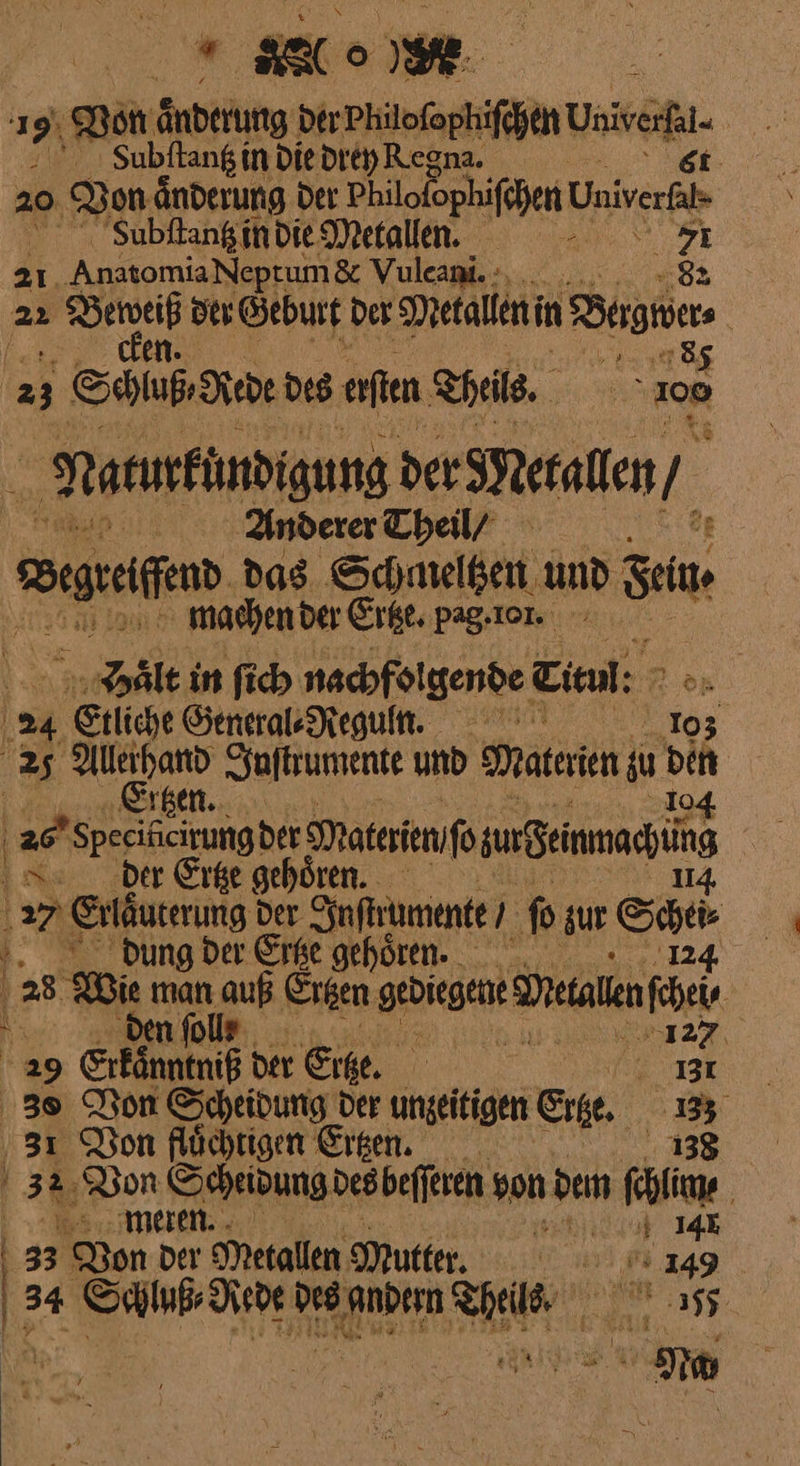20 Don änderung Der Philofophifchen Univrfie Subftangmdie Metallen. - © Fi 21. AnaromiaNeptum &amp; Vuleani. :, —8 Naturtundigung der Metallen / x Anderer They | machen der Ertze. pag.ion Zaie in ſich nachfolgende Tieul: > dung der Ertze gehören. . 28 Wie man man af Eigen gebiegent Metalen — NER 127, \ 29 Sreännmib: ber Ehe ——5 30 Bon Scheidung der ungeitigen Erhe. — ‚31 Don flüchtigen Ertzen. meren. — 4441 33 Von der Metallen Mutter. us + 149 34 N des Genom — a: \ * Na | |