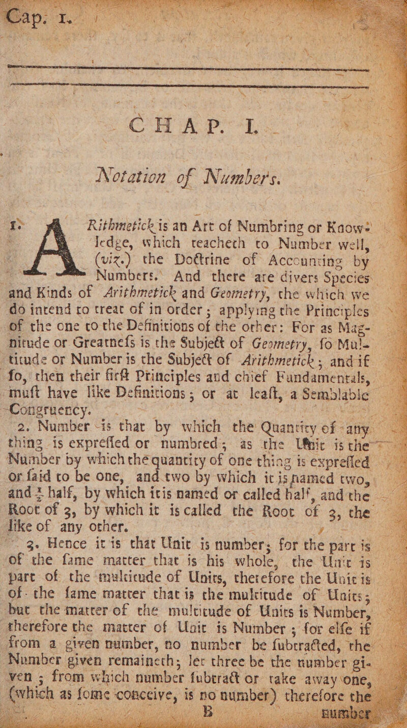 Pot raat, op eee mt Se Cc H A ; easton Te Notation of Numbers. r Rithmetick is an Art of Numbring or Kaow? | ledge, which teacheth to Number well, — h (viz.) the Dottrine of Acccuniing by — ome i Numbers. And there are divers Species. and Kinds of Arithmetick and Geometry, the which we do intend ro treat of in order; applying the Principles Of the one co the Definitions of the orher: For as Mag- Mitude or Greatnefs is the Subjett of Geometry, fo Mul -titude or Number is the Subjeét of -Arithmetick , andit fo, then their fir Principles and chief Fundamentals, -muft have like Definitions; or at leaft, a Semblable Congrmency. &lt;. ~ ” os Ee Gime, 2. Number is that by which the Quantity of any thing is exprefled or numbred; as the Unie is the = Number by which the quantity of one thing is exprefled orfaid to be one, andtwo by which itisnamed two, and half, by which itis named or called half, andthe Root of 3, by which it iscalled the Root of 3, the Itke of any other. © : Gace oe eee “3. Hence iris that Unie is number; for the part is Of the fame matter that is his whole, the Unie is part of the mrlicude of Units, therefore the Unicis. Of the fame matter that is the multitude of Units; but the matcer of the multitude of Units is Number, therefore the matter of Unit is Number ; for elfe if from a given number, no number be fubcrafted, tl ‘Number given remaincth; lec three be the number gi ven ; from which number fubtratt or take away one which as fome ‘conccive, is no number) therefor v eh japlat