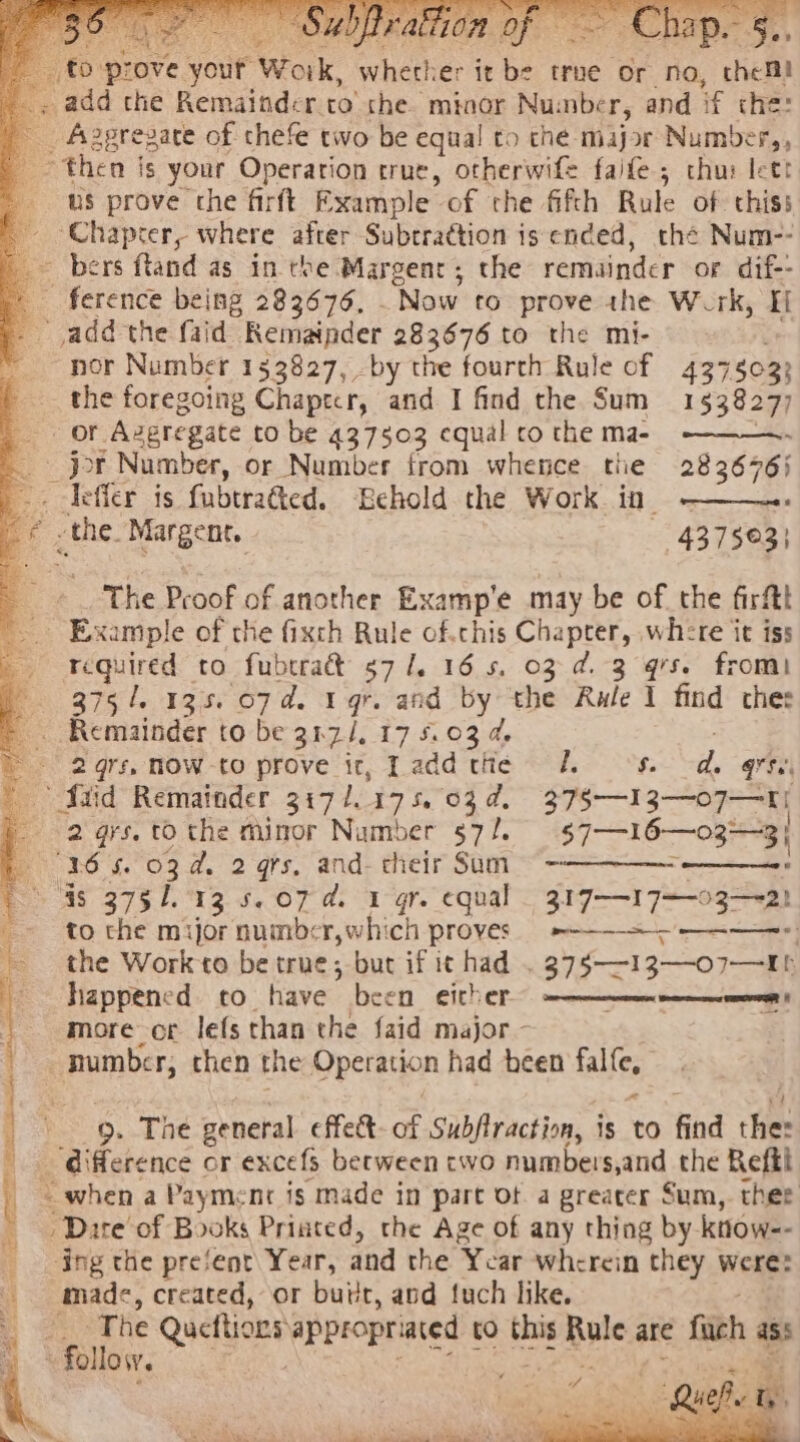 Bere vour'k Work, ane er it he true Or no, ‘them add the Remainder.to she minor Nu: inber, and if the: _ Aggrezare of chefe two be equal to the major Number,, then js your Operation true, otherwife faife ; chu: lett us prove the firft Example. of the fifth Rule of thiss ‘Chapcer, where afrer Subrraétion is ended, thé Num-- 4 bers ftand as in tee Margent; the renidinder or dif-- - ference being 283676, - ‘Now to prove ahe Work, Ti add the faid Remainder 283676 to the mi- + nor Number 153827, by the fourth Rule of 437503; the foregoing Chapecr, and I find the Sum 1538277 or Azgregate to be 437503 equal co the ma- -———- _ jor Number, or Number from whence the 2836765 _ -Teffler is fubtratted, Echold the Work in ———. the. Margent. 4375©3} The Proof of another Examp'e may be of the firftt Example of the fixch Rule of.chis Chapter, where it iss required to fubtrat 57/1. 16.5, 03 d. 3 rs. from) 375 /. 135. 67 d. I gr. and ok the Rule 1 find thes _ Remainder to be 347/, 17 6.03 4 2 grs, MOW -to prove ir, I add ce ees 3 d. gis, “Adid Remainder 317 Le: 17 5.03 d, 37§-—13—07—1 — 2 q9rs. to the minor Number 572. $716 BI (36 §. 03d. 2 gts, and. their Sum) ~ -———— © 4s 3751.13 5. 07 d. 1 qr. equal j17—17=-05-SAD _~ to the mijor number,which proves. +--+ —-——=*; the Work-to be true; but if it had . 375 —13—o7—I | happened to have Deed CTC CR en errr more or lefs than the faid major - numbcr, then the Operation had been ‘alles - Aifference or excefs between two numbers,and the Refti _ &lt;when a Payment is made in part of a greater Sum, thee ‘ Dare’ of Books Printed, the Age of any thing by- ktiow=- dng the pre‘ent Year, and the Year wherein they were: made, created, or butte, and fuch like. ‘The Queftioes appropriated to bits ae are fae ass q follow. \ a : s tate) “4 ~~ Bek Naas ee ae ee A | x 9. The general effect of Subfiraction, is to find te