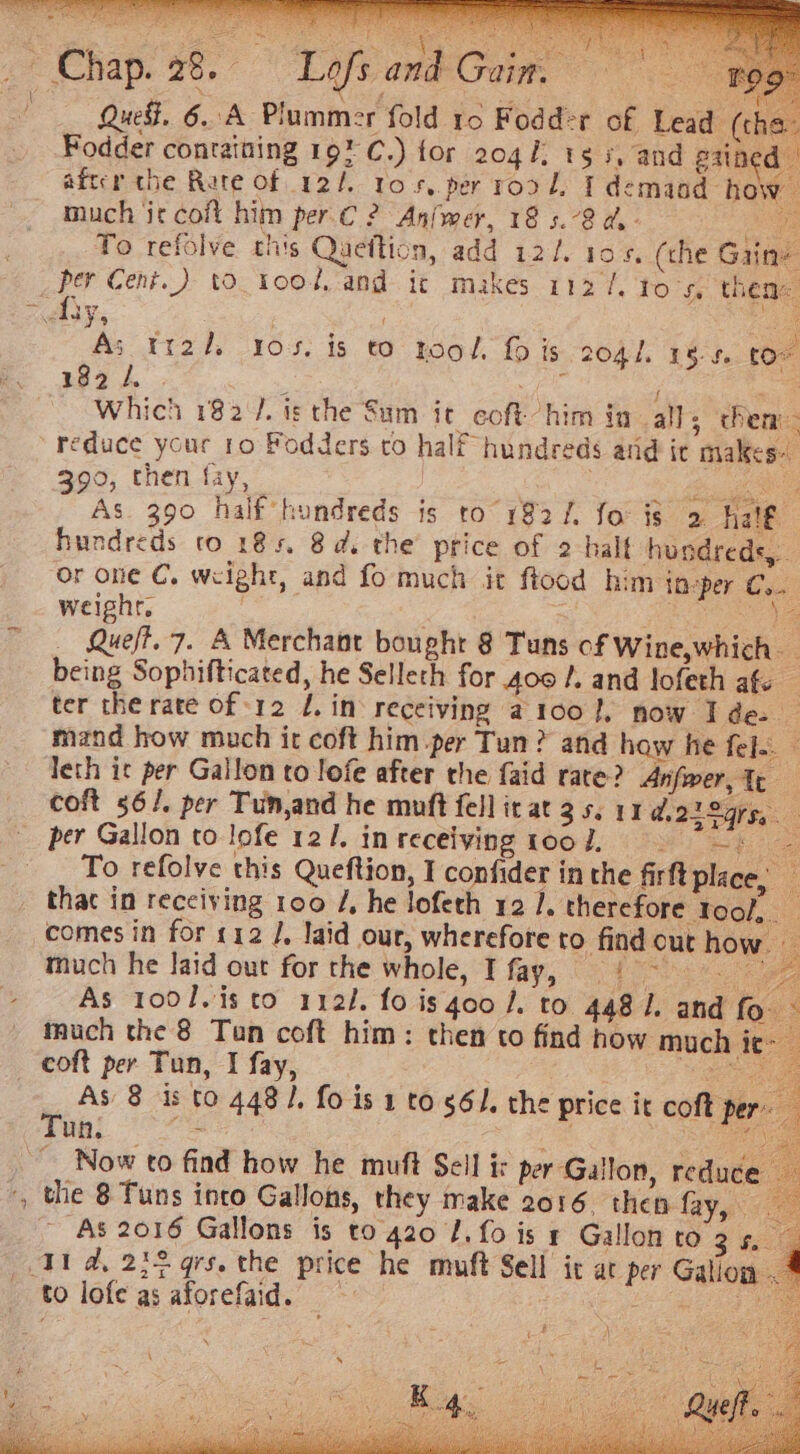 Quef, 6. A Plummer fold 10 Fodder of Lead (c 4 As tral, 305. is to tool, fo is 2041. 18-5. toe 182 /. ae ee Which 182 /. is the Sum it coft him in all; then: reduce your 10 Fodders to half hundreds and it makes-. 390, then fay, ee As. 390 half hundreds is to 182f fo is 2 hatfé hundreds ro 185. 8d. the price of 2 half hundreds, or one C, weight, and fo much it ftood him in-per C.. weighr. . a Le _ Queft. 7. A Merchant bought 8 Tuns of Wine,which being Sophifticated, he Selleth for 409 /. and lofeth afs ter the rate of 12 /. in receiving a 100, now Ide. mand how much ic coft him.per Tun? and haw he fele. leth it per Gallon to lofe after the faid rate? Anfwer, I coft 56/. per Tun,and he muft fell ir at 35. 11 d22 2475, per Gallon to lofe 121. inreceiving too, To refolve this Queftion, I confider in the firft place, that in recciving 100 /, he lofeth 12 /. therefore tool, _ comes in for 112 J. laid our, wherefore to find cut how. much he laid out for the whole, I fay, (~~ ee % As 1001. is to 112/. fo isgoo /. to 448 J. and fo. much the 8 Tun coft him: then to find how much ic’ coft per Tun, I fay, . ae * As 8 is to 4481, fo is 1 to 561. the price it coft per un. - ene ot ~ Now to find how he muft Sell i: per Gallon, reduce the 8 Tuns into Gallons, they make 2016. then fay,