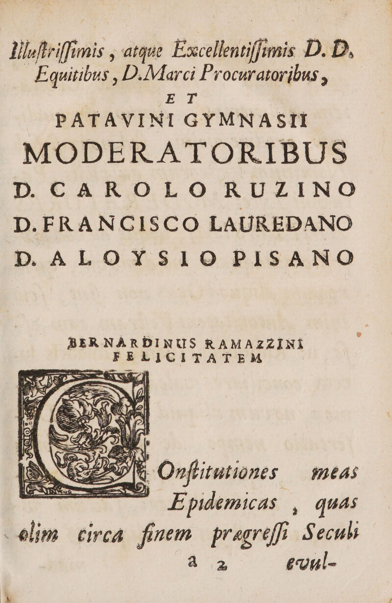 lllofteiffimis , atque. Excellentiffimis D. D, Equitibus , D.Marci Procwratoribus , — E T PATAVINI GYMNASII MODERATORIBUS DUCAROLO.RUZINO D.FRANCISCO LAUREDANO D ALOYSIOPISANO 254 Onfüitutiones — meas Epidemicas , quas elim eirca finem preareff 5 ecuhi à €uul-