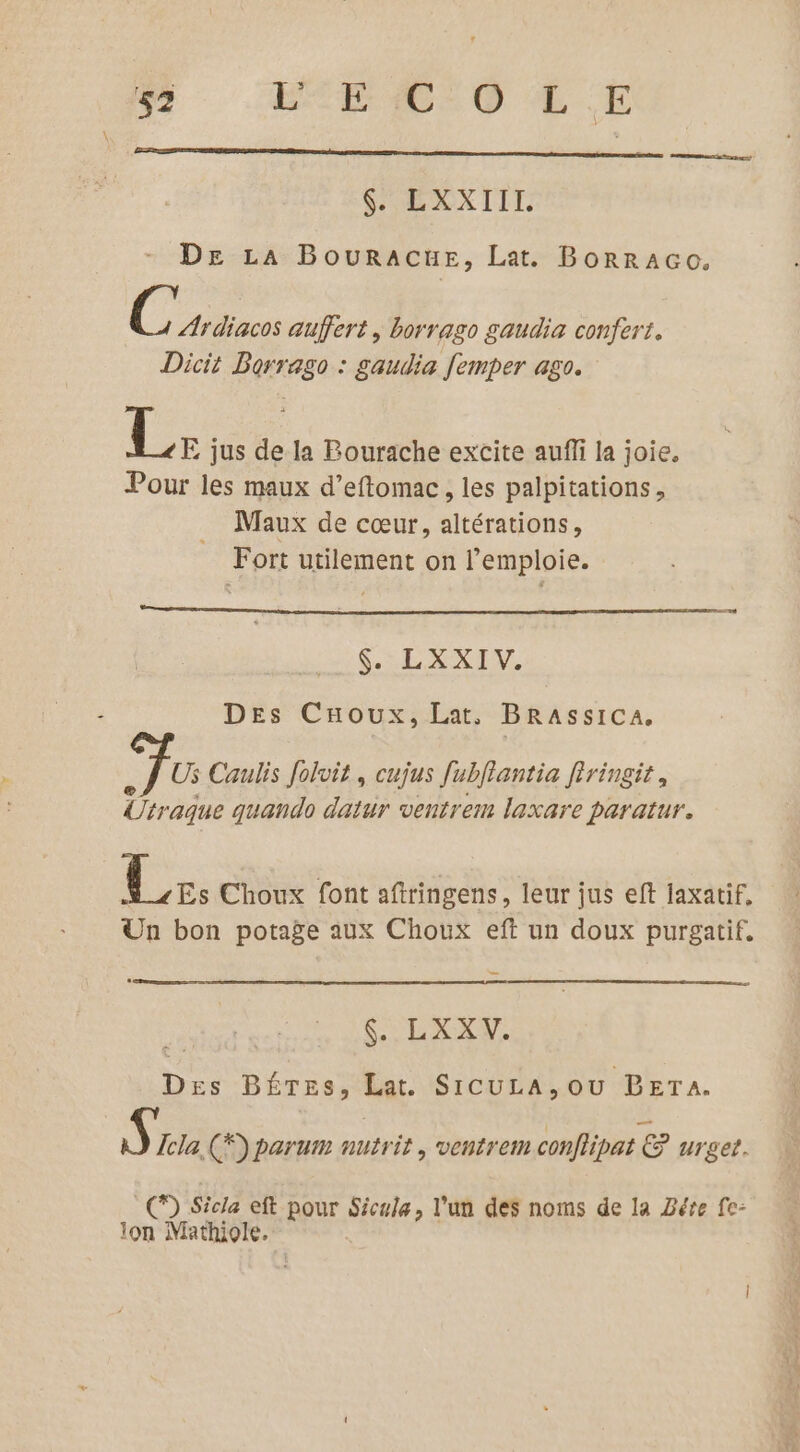 S'HÉXTIT: DE LA Bouracue, Lat. BorRRAGo. Ce auffert, borrago gaudia confert. Dicit Borrago : gaudia femper ago 1 jus de la Bourache excite auffi la joie. Pour les maux d’eftomac, les palpitations, Maux de cœur, altérations, Fort utilement on l’emploie. SC EXXIV. DEs CHoux, Lat. BRASsICA, Us Caulis Jolvit, cujus fubllantia firinsit, Ütr aque quando datur ventrem laxare paratur. Le. Choux font aftringens, leur jus eft laxatif, Un bon potage aux Choux eft un doux purgatif. | $. LXXV. Des Béres, Lat. SIcULA,ou BETA. À à Icla (*) parum nutrit, ventrem conflipat &amp; urget. CD Sicla et pour Sicula, l'un des noms de la Bére fe- lon Mathiole.