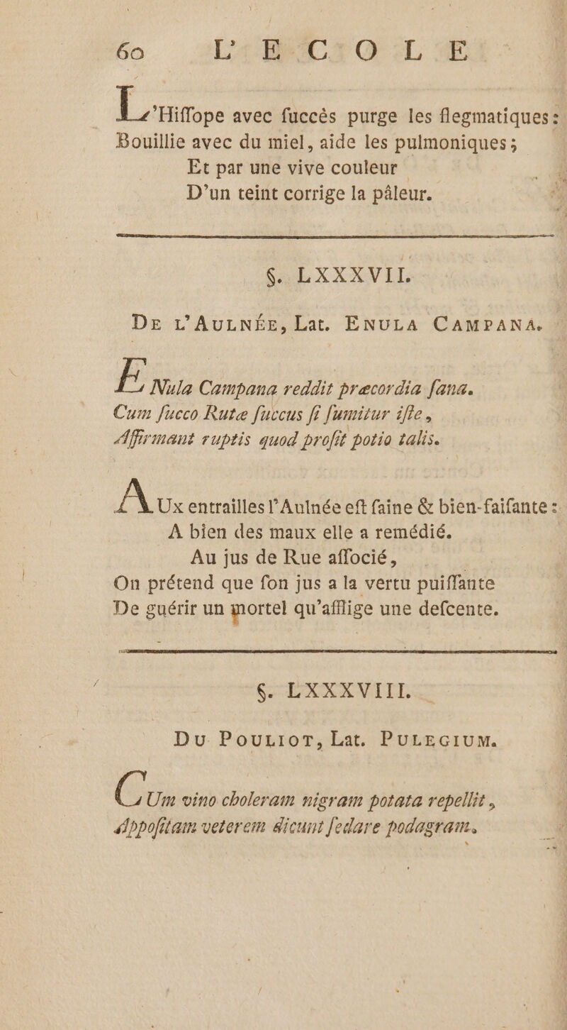 éo 24 CrO LT Love avec fuccès purge les flegmatiques : Bouillie avec du miel, aide les pulmoniques; Et par une vive couleur D'un teint corrige la pâleur. $.. LXXXVIL DE L’'AULNÉE, Lat. ENULA CAMPANA. E, Nula Campana reddit precordia fana. Cum fucco Rute fuccus fi fumitur ille, Afir mant ruptis quod profit potio talis. A Ux entrailles l’Aulnée eft faine &amp; bien-faifante : À bien des maux elle a remédié. Au jus de Rue affocié, On prétend que fon jus a la vertu puiffante De guérir un mortel qu'afflige une defcente. SHÉXXR VITE Du PouzioT, Lat. PuLEcIuM. C: Um vino choleram nigram potata repellit, sppofitam veterem dicunt Jedare podagram.