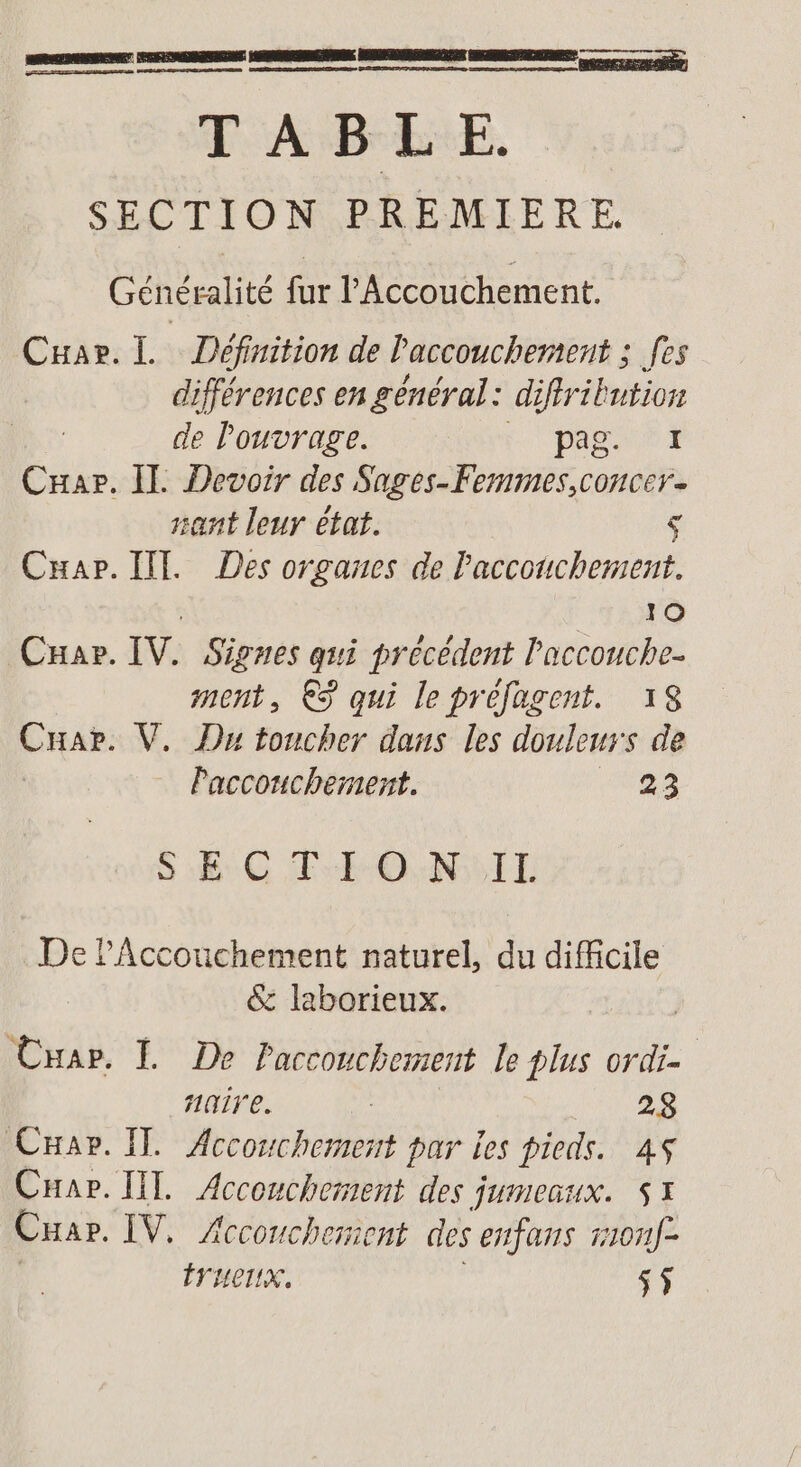 TABLE. SECTION PREMIERE. Généralité fur l'Accouchement. Cuapr. Il. Définition de l'accouchement ; fes différences en général: difiri bte de Pouvrage. pag. ! Car. IT Devoir des Sages-Femmes,concer.- sant leur état. ç Cap. ITT. Des organes de l'accouchement. 10 CHar. IV. Signes qui précédent l'accouche- ment, €ÿ qui le préfagent. 18 rar V. Du toncher dans les douleurs de Paccouchement. FRA SEC EH ON IL De PAccouchement naturel, du difficile &amp; laborieux. | Cuar. L De Paccouchement le plus ordi s1nir e. 28 Car. Il. Accouchement par les pieds. AS CHar. UT Acconchement des jumeaux. $x Cuar. IV, Accouchement des enfans r1onf- frHerIx, $$