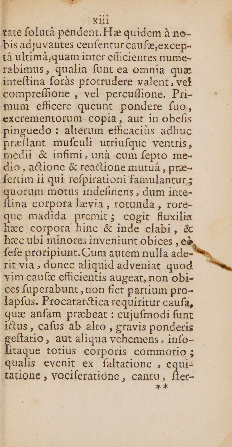 | + bi nl | | KL tate folutà péndent. Hæ quidem à ne- bis adjuvantes cenfenturcaufæ,excep- tà ultimä,;quam inter efficientes nume- rabimus, qualia funt ea omnia quæ inteftina foràs protrudere valent, vet compreflione , vel percuflione. Pri- mum efhcere queunt pondere fuo, excrementorum copia, aut in obelfis pinguedo : alrerum efficaciüs adhuc præftant mufculi utriufque ventris, medii &amp; infimi, unà cum fepto me- dio, attione &amp; reaétione mutua , præ- fertim 11 qui refpirationi famulantur ; quorum motus indelinens , dum inte- {tina corpora lævia , rotunda , rore- que madida premit; cogit fluxiliæ hæc corpora hinc &amp; inde elabi, &amp; hæc ubi minores inveniuntobices ,e&amp;, fefe proripiunt.Cum autem nulla he it via , donec aliquid adveniat quod . vim caufæ efficientis augeat, non obi- ces fuperabunt, non fiet partium pro- lapfus. Procatarttica requiritur caufa, quæ anfam præbeat : cujufmodi funt us , cafus ab alto , gravis ponderis geftatio, aut aliqua vehemens , info- Utaque totius corporis commotio ; qualis evenit ex faltatione , equi- tatione , vOCIferatiône, cantu, fter- | XX