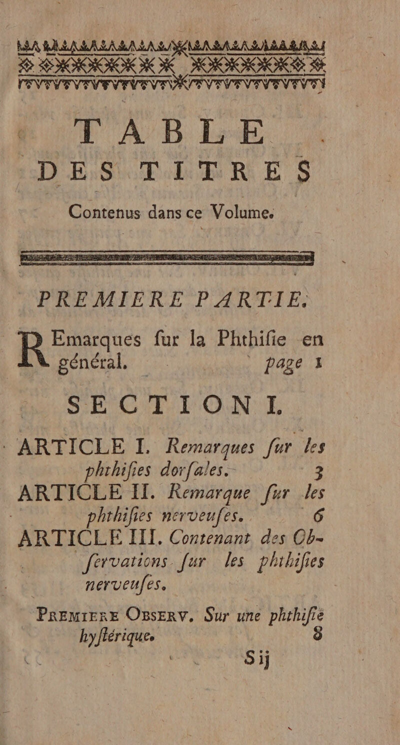 &amp; À SMOOOEK “ OO S + CENANE VENUE Ve REV VEN V EVE Q e Q ® TABLE D EST LU Ri ES Contenus dans ce Volume. SECTIONTI. . ARTICLE I. Remarques fur ke phrhilies dorfales. ARTICLE II. Remarque fur : hthifes nerveufes. 6 ARTICLE III, Contenant des Ob- fervations fur les phihifies nerveufes. PREMIERE OBsErv, Sur une php 1e Rfhériquee Sij