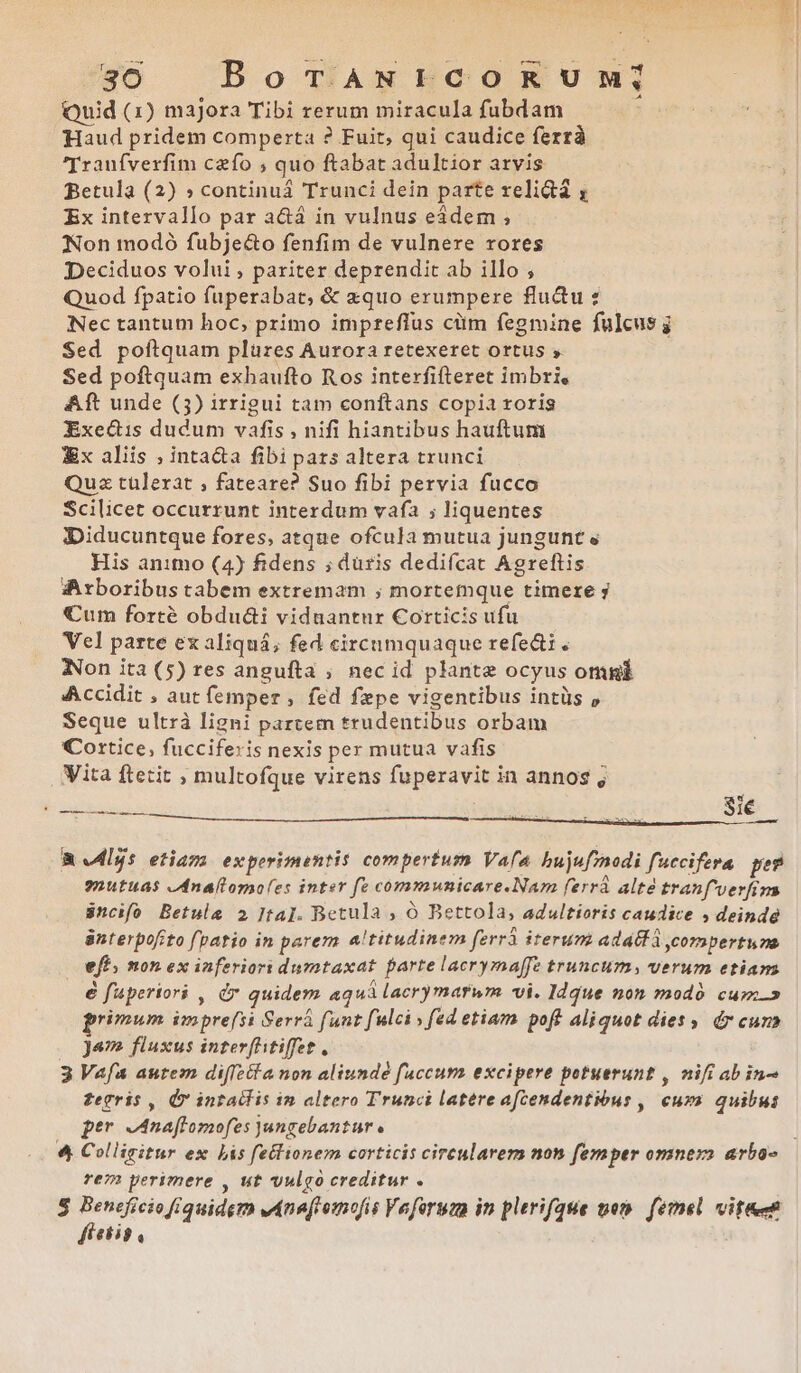 Quid (1) majora Tibi rerum miracula fubdam à Haud pridem comperta ? Fuit, qui caudice ferrà 'raufverfim czío ; quo ftabat adultior arvis Betula (2) » continuá Trunci dein parte relid , Ex intervallo par a&amp;á in vulnus eádem Non modó fubje&amp;o fenfim de vulnere rores Deciduos volui, pariter deprendit ab illo ; Quod fpatio fuperabat, &amp; aquo erumpere fluctu Nec tantum hoc, primo impreffus cüm fegmine fulcus j Sed poftquam plures Aurora retexeret ortus , Sed poftquam exhaufto Ros interfifteret imbri, Aft unde (3) irrigui tam conftans copia roris Exectis dudum vafis , nifi hiantibus hauftum Ex aliis ; inta&amp;a fibi pars altera trunci Qux tülexat , fateare? Suo fibi pervia fucco Scilicet occurrunt interdum vafa ; liquentes ;:Diducuntque fores, atque ofcula mutua jungunt « His animo (4) fidens ; düris dediícat Agreftis s:Axboribus tabem extremam ; mortemque timere 7 Cum forté obdu&amp;i viduantnur Corticis ufu Vel parte ex aliquá; fed circumquaque refe&amp;i . I:Non ita (5) res angufta ; nec id plante ocyus omm Accidit , aut femper , fed fepe vigentibus intüs » Seque ultrà ligni partem trudentibus orbam Cortice, fucciferis nexis pex mutua vafis Vita ftetit ; multofque virens fuperavit in annos ; RMius etiam experimentis compertum Vafa hujufznodi fuccifera pe? gnutuas e4naltorofes inter fe communicare.Nam ferrà alté tranf'verfizs incifo Betule 2 Jta]. Betula , ó Bettola, adultioris caudice , deindéà ünterpofito fpatio in perem a'titudinem ferrà iterum adátfà comperto eff, non ex inferiori dumtaxat parte lacrymaffe truncum, verum etiam é fapertori , dy quidem aquá lacrymarum vi. Idque non modó cum» primum imprefsi Serrá fant fulci » fed etiam poft aliquot dies ,. dr cuz í jese fluxus interfhitiffet, 3 Vafa autem di[fea non aliundé faccum excipere potuerunt , nifi ab in- fegris , Qv intaclis im altero Trunci latere afcendentióus , cuya. quibui per -naffomofes jungebantur | 4 Collizitur ex Lis fe&amp;lionem corticis cireularem non femper omnera arbo- rem yerimere , ut vulgo creditur . L: S9 iiM vnafremofis Veferum in plerifaue pen. femel vitet etig ,