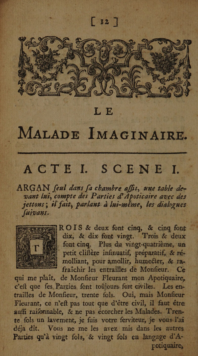MALADE IMAGINAIRE. ACTE I. SCENE I. ARGAN feal dans fa chambre affis, une sable de- vant lui, compte des Parties d’ Apoticatre avec des Jéivays. sense: ROIS &amp; deux font cing, &amp; cing font SR dix, &amp; dix font vingt. Trois &amp; deux font cinq. Plus du viñgt-quatrième, un “ petit cliftère infinuatif, préparatif, &amp; ré- molliant, pour amollir, humeéter, &amp; ra- fraichir les entrailles de Monfieur. Ce qui me plaît, de Monfeur Fleurant mon Apotiquaire, c’eft que fes. Parties. font toûjours. fort civiles. Les en- Fleurant, ce n’eft pas tout que d’être civil, il faut être te fols un lavement, je fuis votre ferviteur, je vous Pai =