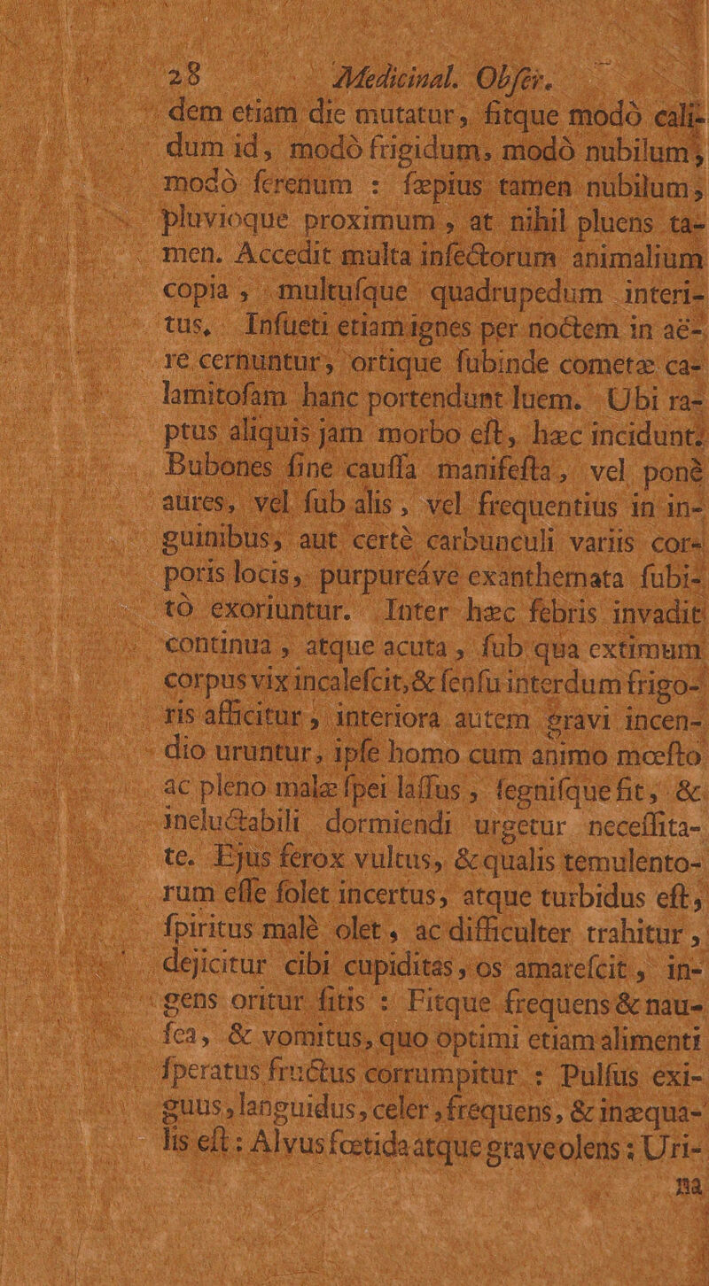 JY op (028 . .-. Medicinal. Ober. x S ' dem etiam die mutatar, fitque modó cali OM x p modo ferenum : Ííxpius tamen nubilum; pluvioque proximum , at nihil pluens ta- |. men. Accedit malta infe&amp;torum animalium copia , multufque quadrupedum interi- tus, . Infüetr etiamignes per noctem in aé-. re.cernuntur, ortique fubinde cometa ca- lamitofam hanc portendumt luem. | Ubi ra- ptus aliquis jam morbo eft, hec incidunt; . Bubones fine cauffa manifefta, vel pon&amp; -aüres, vel fub alis, vel. frequentius in in- guinibus, aut certé carbunculi variis Cors poris locis,. purpureáve exanthemata fubi- tO exoruntur. Inter hec febris invadit . €Ontinua , atque acuta , fub qua extimum. corpus vix incalefcit, &amp; fenfu interdum frigo- ris affücitur , interiora autem. $ràvi incen-. : dio uruntur, ipfe homo cum animo meefto . € pleno malz fpei laffus ; fegnifque fit; &amp; inelu&amp;tabili dormiendi urgetur. neceffita- te. Fjus ferox vultus, &amp; qualis temulento- rum efle folet incertus, atque turbidus eft; fpiritus malé. olet, ac difficulter trahitur |. deicitur cibi cupiditas os amarefcit ,. in- fca, &amp; vomitus, quo optimi etiam alimentz . fperatus fructus corrumpitur : Pulíus exi-. lis eft : Alvusfoetidaatque graveolens : Uri- ps : | uM E AR. er -o o atonc, 9 22