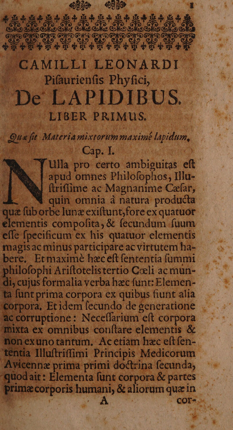 «259 ^ s. ee | Me E AMAA  unir Mh dMinec M. oes du etd uu .. LIBER | PRIMUS. i quaj n Materia pixtortm maximé Hpitum, t ulla; pro deno Mein e | , f apud omnes Philofophos, Ilu- hl (triffime ac Magnanime Cetfar, - ^ quin omnia à natura producta uz füb orbe lunz exiftunt;fore ex quatuot elementis compofita , &amp; fecundum fuum effe fpecificum ex his quatuor elementis qmagisac minus participare ac virtutem ha- bere. Etmaxime hec eft fententia (ammi hilofophi Ariftotelistertio Coeli ac mun- i, cujus formalia verba hac funt: Elemen- | fünt prima corpora ex quibus fiunt alia rpora, Et idem fecundo de generatione àc c rruptione: Neceffarium eft corpora Xta ex omnibus couftare elements &amp; tia ] Illuftrifümi Principis Médicórem Avicennz prima primi doctrina fecunda, quodait: Elementa fünt corpora &amp; partes pru ma corporis humani, &amp;aliorumquzin - Ww A cor. P