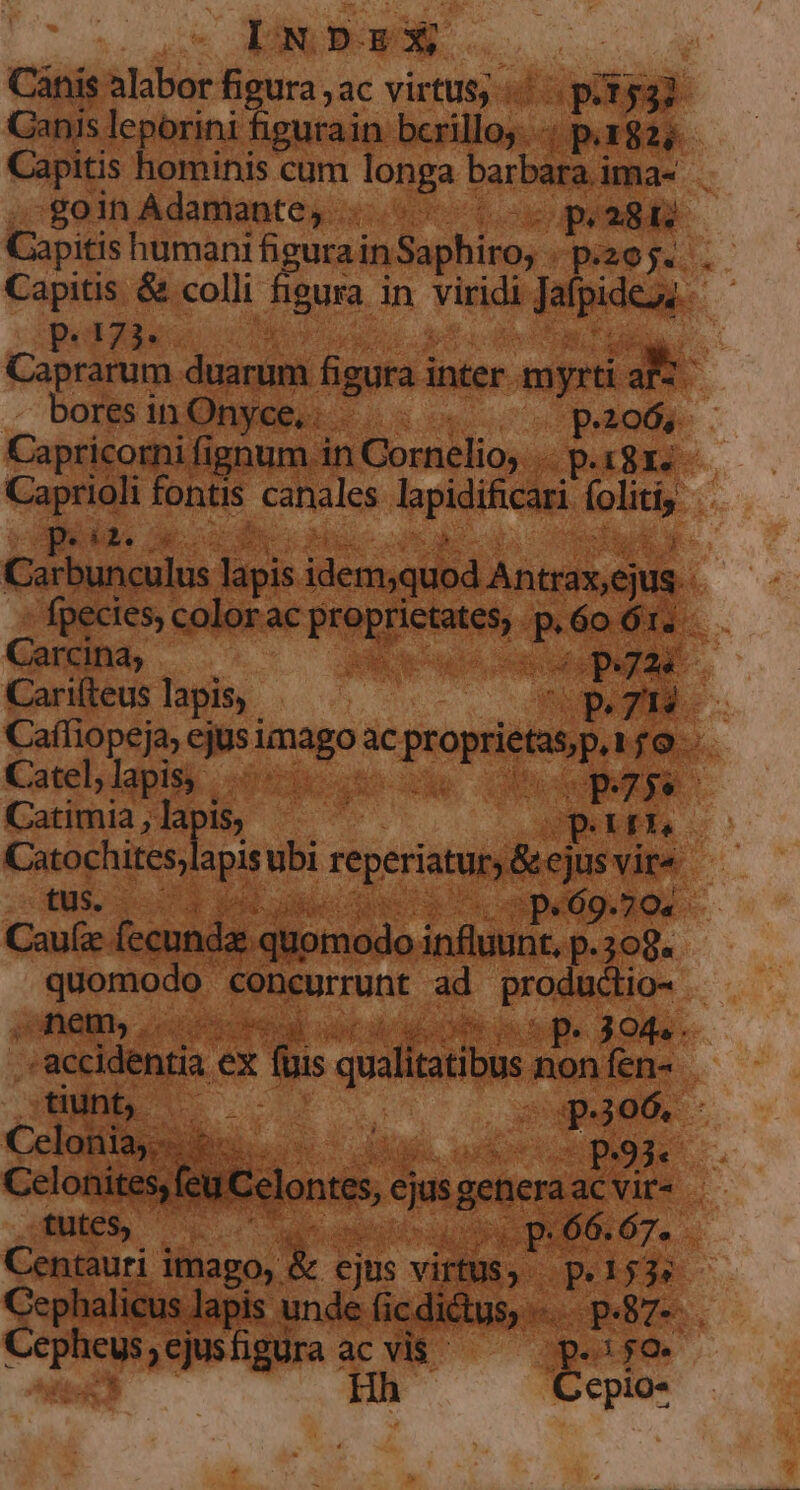 — INPESX Canis alabor figura ; ac virtus; opt Ganis leporini figurain S ior t IH goin Adamante, ...- qpe28i * p.173«. P. b. (PAPA n Carcina; ec wis oae DUM Cariíteus lapis, VT. Caffiopeja, s nx ad ac propriensg. fo Catel, lapis |. lock ida Op. ) Catimia , laj is, pe EXTIM idee quomodo influunt, p 308. quomodo: €oncurrunt ad prodactio- jaa Lorie ioc uoo noe ARA - ' accidentia. ex fis qualitatibus nonfen- TM Pow un ; jo gh 306, Celon ONE | conie Celonites,feu C ; lontes cjasgencraac vits | pe iesor inii V p66.67.. : Cephalicus lapi: s unde fic di imde T. P aids ac vis peso Hh Cepio-