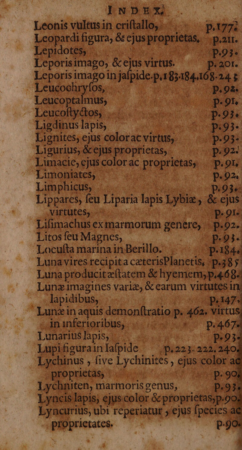 Leopani gura ds ep qn Leporisi imago; &amp; ejus virtus. Lesqeimaso uiiiian $538 Leucoo ar (los... ius Loolydon,. pr ponens. op 92. Limacie, ejus | vopren, 9I. Limoniates, | » on bi Limphicus, d i2 pda Lippares, feu Lipari lapis ybim, &amp; ejus. gps o DEM SU Lifimachus ex marmorum genere, Litos feu Magnes, : cpP9 Locufta marina inBerilo. , —. p.1g4 Lunavires. s diues dil 38 Luna producitz(tatem &amp; hyemem; p,4 Lunzimagines variz, &amp; earum virtutes i | lapidibus, | P4 47 Lungi in aquis demonlratio ). 462. VIrtUS ,in nferigribus, : ge ue pa Lunariuslapis, | do o TS 23 Lupifgurainlapide (pon: 222, 2401 Lychinus , five P rcugel . bos color a E deputat. TuyaE s Tad qe 99 xcis lapis; Mee. &amp; proprietas, » 20. Lyncrrius, ubi FRED ejus fpecies ae quuni | p.99