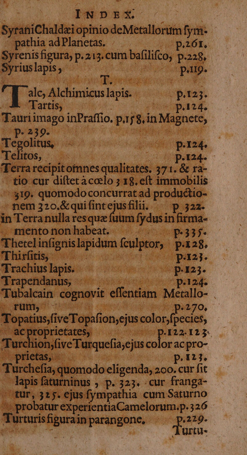 INDEX (E SyratiChaldeiopinio deMetallorum fyr- pathia adPlanetas. |. ju p ROT. Syrenisfigura, p. 213. cum bafilifco; p.228, Syriusls, — — nt P uopem. WM alo Alchimicuslapis. —— | p.25. X Tartis, p.i24. Tauriimago inPraffio. p.158, in Magnete, Tegoltus, -— pss mA. Telitos,. | | L2 BDUEdMe - Terra recipit ofnnes qualitates. 371. &amp; ra- tio cur diftetàcoelo ; 18. e(t immobilis 319. quomodo concurrat ad productio- nem 320.&amp;quifintejusfili. |^ p 322. in Terra nulla resquz fuum fydus in firma- . mento non habeat. 6o doggesg d. Thetelinfignislapidum fculptor, p.128. 'Thirfitis, —. ji (pu23. Trachius lapis. prn p.123. Erapchiiatus; «oe os eegencec n pasa Tubalcain cognovit effentiam Metallo- . 2? rüm, c poe |mAJO, Topatius,five Topafion;ejus color;fpecies, fat ER c ie [ior idle pee Turchionjfive Turquefia;ejus color ac pro- - prietas, | 1E p.123. Turchefia; quomodo eligenda, 200. cur fit Turturisfigurainparangone, ^ —p.229- auc Ae AUrtu-