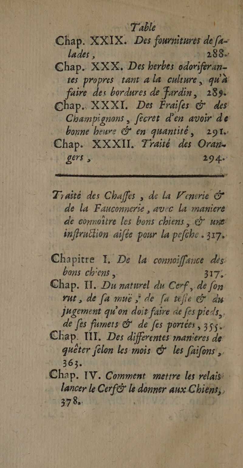 ; Table À Chap. XXIX. Des fournitures de [a- lades , 1288 Chap. XXX. Des herbes odoriferan- tes propres tant a la culture, qu'à faire des bordures de Fardin, 289: Chap. XXXI. Des Frailes &amp; des Champignons , fecret d'en avoir de bonne heure @ en quantité, 291. Chap. XXXII. Traité des Oran. AVES | 294 Traité des Chaffes , de la Vensrie © de la Fauconnerse, avec la maniere de connoitre les bons chiens; € une: inffruilion aifée pour la pefhe . 3x7. Chapitre I. De la connoiffance dis bons ch'ens , 317. Chap. Il. Du naturel du Cerf, de fon sut, de [a muë À de [a tele © du jugement qu'on doit faire äe fes pieds. de [es fumers @' de [es portées, 355. Chap. NT, Des differentes manieres de: quêter félon les mois @ les faifons’, 363. Chap. IV. Comment mettre les relais: : lancer le Cerf le donner aux Chiëns;, 378 |
