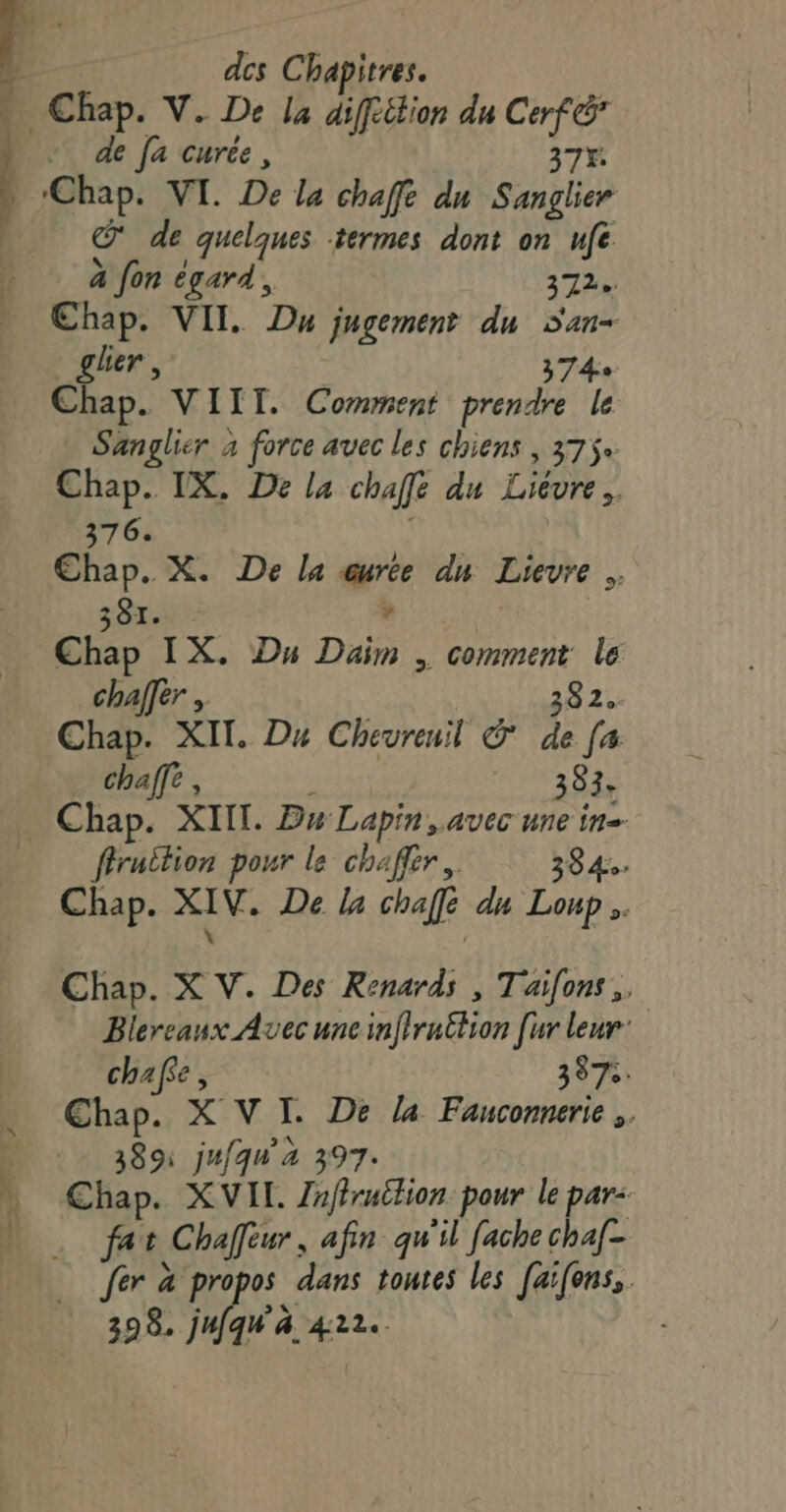 de fa curée, 37K © de quelques termes dont on ufe. à fon égard, 372% Ehap. VII. Du jugement du San gler, 374 Chap. VIIT. Comment prendre le Sanglier à force avec les chiens , 375. Chap. IX. De la chafle du Liévre. 376. | Chap. X. De la œurée du Lievre .. 381. :: 2 Chap IX. Du Daim , comment le _chafer , 382. Chap. XII. Du Cheurenil & de fa chaffe + 383 fruition pour le chaffer.. 3842. Chap. XIV. De la chaffe du Loup. k ’ Chap. X V. Des Renards , Taifons,. Blercanx Avec une inffraëtion [ur leur: chafe , 397. Chap. X V I. De la Fanconnerie .. | 389: jufqu'a 397. Chap. XVIL Zaffrutlion pour le par: fat Chafeur, afin qu'il fache cha[- 398. j4 W'À 422.