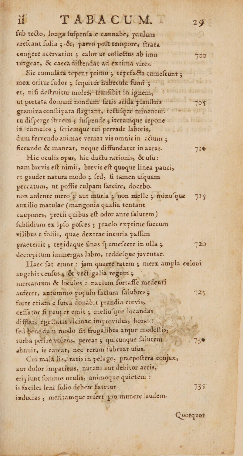 fub te&amp;o, longa fufpen(a e cannabe, paulum arcícant folia ;-&amp;, pátvo poft tempore, ftrata «engere acervatim 5 calor ut colle&amp;us ab imo 290 turgeat, &amp; caeca diftendat ad extima vires. - Sic cumuláta tepent pritio 5. tépefa&amp;ta tumefcunt ; mox oritur fudor ; fequitur tiübecula fumi ; et; nifi deftruitur moles) ttanfibit in ignem, ut pertata domum nonduri fatis arida plauftris ^ 4o$ gramina conítipata flagrant, te&amp;ifque minantur. 7 1u difperge ftruem 5 fufperde ; itetumque tepone ———— in cümulos y fcriemqué tui pervade laboris, 4 dum fervendo animae veniat visomnisin z&amp;um; ficcando &amp; maneat, neque diffuündatur in auras. 71e Hic oculis opus, hic du&amp;u rationis, &amp; ufu: nam brevis eft nimii, brevis eft quoquc linea pauci; et gaudet natura modo 5 fed, fi tamen ufquam peeeatum, ut poffis culpam farcire, docebo. non ardente mero ' aut rhuria 5 ; on melle 5. minu que 715 2uxilio matulae ( mangonia qualia tentant caupones, pretii quibus eft odor ante falutem ) fubfidium ex ipfo pofces 5 praelo exprime fuccum vilibus e foliis, quae dextrae incuria paffim praeteriit 5 tepidaque finas fpumefcere in olla 5 720 &amp;ecrepitum immergas labro, reddefque juventa. Haec fat erunt: jam quaere tatem 5 Inerx ampla celoni zugebit cenfus: &amp; vé&amp;igalia regum 5. - nercanium &amp; loculos : naulum fortaffe sedit auferet, antumnos fo; ulo fa&amp;ura falubres 5 725 forte etiam e furca donabit prandia corvis, ; ceffator fi pauper emit 5 meliu/que locandas difflàt;. egeftatis: vicinae improvidus; horas d d: fed Veniedum modo fit frugalibus atque modeftis, c. 2 » 4 J MN iurba pcfiré volens, pereat 5 quicunque lutem . | 5. - je abnuit, is careat) nec rerum fubruat ufus. fu Cui malá lis, ratis in pelago, praepoftera conjux, aut dolor impatiens, nutans aut debitor aeris, erigiunt fornos oculis, animoque quietem i5 faciles leni folio debere fatetur 735 imducias ; meritamque rcfert gro munere: laudem. s Quotquot