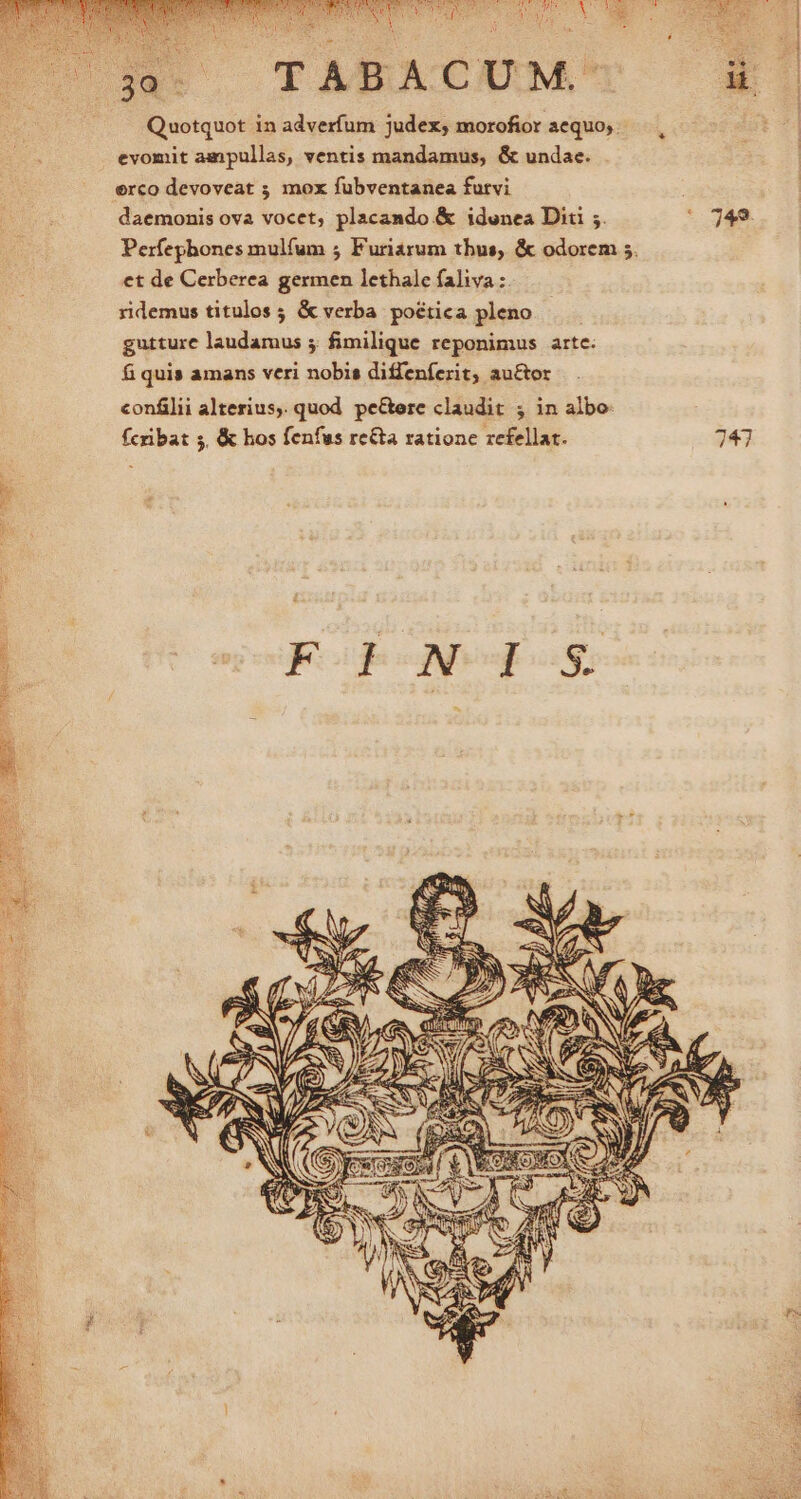 UN TABACUM-* Quotquot in adverfum judex; morofior aequo; evomit ampullas, ventis mandamus, &amp; undae. erco devoveat 5 mox fubventanea futvi : daemonis ova vocet, placando &amp; idenea Diti ;. * 342. Perfeghones mulfum 5 Furiarum thus, &amp; odorem 5. et de Cerberea germen lethale faliva :. ridemus titulos ; &amp; verba poética pleno gutture laudamus 5 fimilique reponimus artc. fi quis amans veri nobis diffenferit, au£&amp;or confilii alterius, quod pe&amp;ere claudit ; in albo: fcribat 5. &amp; hos fenfus re&amp;a ratione refellat. 747 tj - e -— a Qt. (utbi?