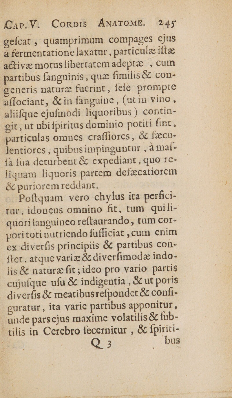 geícat, quamprimum compages ejus à fermentationc laxatur , particulae iflze activz: motuslibertatem adeptze , cum partibus fanguinis , quee fimilis &amp; con- generis naturze fuerint, fele. prompte 'affociant, &amp; in fanguine , (ut in vino, aliifque ejufinodi liquoribus) contin- git , ut ubifpiritus dcminio potiti fint, particulas omnes crafliores, &amp; fzcu- lentiores , quibus impinguntur , à maí- fà (ua deturbent &amp; expediant , quo rc- liquam líquoris partem defzcatiorem &amp; pariorem reddant. j Poftquam vero chylus ita perfici- tur, idoneus omnino fit, tum quili- quori fanguineo reftaurando , tum cor- pori toti nutriendo fufficiat ,cum enim cx diverfis principiis &amp; partibus con- ftet, atque varize &amp; diverfimodze indo- lis &amp; natura fit; ideo pro vario partis cujufque ufu &amp; indigentia , &amp; ut poris diverfis &amp; meatibusrefpondet &amp; confi- guratur , ita varie partibus apponitur, unde pars ejus maxime volatilis &amp; fub- tilis in Cerebro fecernitur , &amp; fpiriti- Q 3 | bus