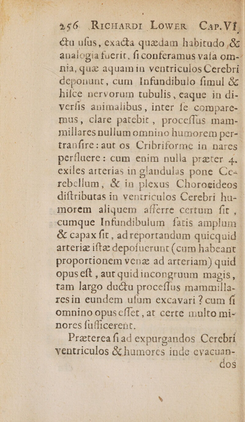 AMEN | à B 456 Ricuanpr Lowzg Car.Vf. &amp;u ulus, exacta quaedam habitudo ,&amp; analogia fuerit, fi conferamus valía om-^ nia, quz aquam in ventriculos Cerebri hilce nervorum tubulis, eaque in di- verfis animalibus, inter fe compare- mus, clare patebit, proccífas mam- millares nullum omnino humorem per- tranfire: aut os. Cribriforme in nares | perfluere : cum enim nulla prater 4. exiles arterias in glandulas pone Ce« rebcllum, &amp; in plexas Choroeideos diftributas in ventriculos Cerebri hu- morem aliquem afferre certum fit , | cumque Infundibulum fatis amplum &amp; capax fit, ad reportandum quicquid arteriz iftae depofuerunt (cum habeant proportionem venz ad arteriam) quid opus eft , aut quidincongruum magis, resin eundem ufum excavari ? cum fi omnino opus cflet , at certe multo mi- noresfufficerent. — 1. Praeterea fiad expurgandos Cerebri ventriculos &amp; humorcs inde dira  GoS