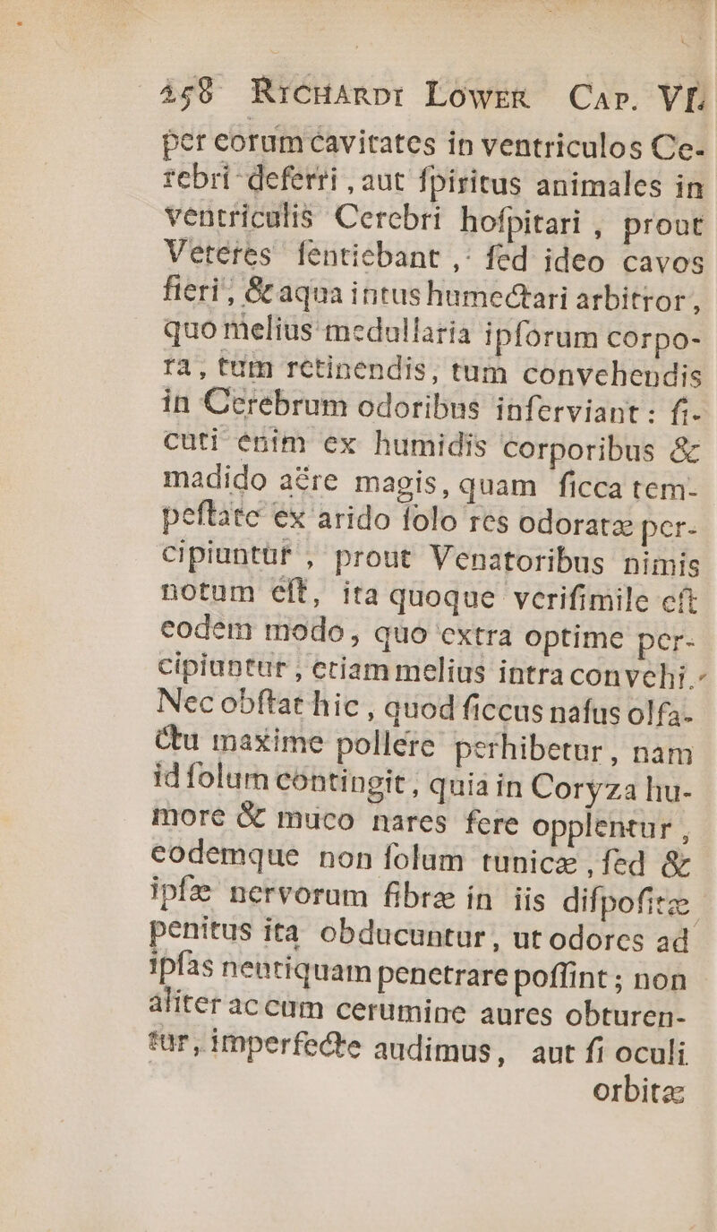 4;9 RrCHARp: LowrR Carp. VL per eorum cavitates in ventriculos Ce- rebri- deferri , aut fpiritus animales in ventriculis Cerebri hofpitari , prout Veteres fentiebant ,: fed ideo cavos fieri; &amp; aqua intushumectari arbitror, quo melius medullaria ipforum corpo- rA, tum retinendis, tum convchendis in Cerebrum odoribus inferviant : fi. cuti énim ex humidis corporibus &amp; madido a&amp;re magis, quam ficca tem- peftate ex arido folo res odoratae per- cipiuntüf , prout Venatoribus nimis notum eft, ita quoque vcrifimile cft codem modo , quo cxtra optime per- cipiuntur , ctiam melius intra convehi - Nec obftat hic , quod ficcus nafus olfa- Cu maxime pollere perhibetur, nam id folum contingit, quia in Coryza hu- more &amp; muco nares fere opplentur , eodemque non folum tunice ,fed &amp; ipfa nervorum fibra ín iis difpofitze. penitus ita obducuntur, ut odorcs ad ipfas nentiquam penetrare poffint ; non aliter accum cerumine aures obturen- tur, imperfecte audimus, aut fi oculi | orbita: