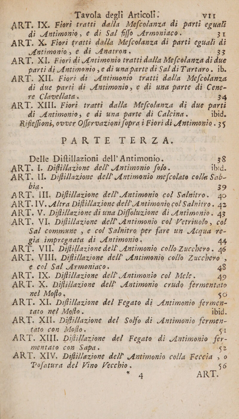 ART. IX. Fiori tratti dalla Mefcolanza di parti i di Antimonio, e di Sal fifo Armontaco. ART. X. Fiori tratti dalla Mefcolanza di parti si di Antimonio , e di Anatron, ART, XI, Fior? di Antimonio biro Gli de dé due parti di Antimonio , e di una parte di Sal di Tartaro. ib. ART. XII. Fiori di Antimonio tratti dalla Mefcolanza di due parti di Antimonio, e di una parte di Cene- re Clavellata. 34 ART. XIII. Fior? tratti dalla Mefcolanza di due parti di Antimonio, e di una parte di Calcina. ibid. Rifleffioni, ovver Offervazioni fopra i Fiori di Antimonio . 35 PARTE TERZA. Delle Diftillazioni dell’ Antimonio. | 38 ART. I. Diffillazione dell .Antimonio folo. Ibid. ART. IL Diftillazione dell'Antimonio mefcolato colla pr bia ART. III, Diffillazione dell’ Antimonio col Salnitro. &gt; ART.IV. Altra Diftillazione dell'Antimonio col Salnitro . 42 ART. V. Difillazione di una Diffoluzione di Antimonio. 43 CART. VI. Diftillazione dell’ Antimonio col Vetriuolo, col | Sal commune , e col Salnitro per fare un Acqua re- gia impregnata di Antimonio. 44. ART. VII. Diffi/lazione dell LAntimonio colo Zucchero. 46 ART. VII. Diffillazione dell’'Antimonio collo Zucchero , e col Sal Armoniaco . 43 ART. IX. Diffillazione dell’'Antimonio col Mele. 49 ART. X. Diffillazione dell Antimonio crudo fermentato nel Mofto. so ART. XI. Diffillazione del Fegato di Antimonio fermen- tato nel Mofto. ibid. ART. XII. Difillazione del Solfo di «Antimonio PE | fato con Moflo. ART. XIII Difillazione del Fegato di Antimonio ra mentato con Sapa. pe Pra ART. XIV. Diftillazione dell''Antimonio colla Feccia , 0 Pofatura del Vino Vecchio. 136 x 4 ARE