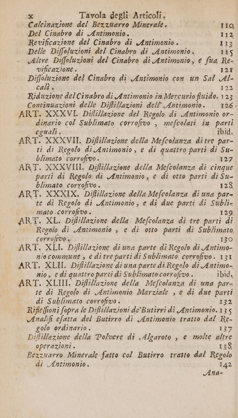 | Calcinazione del Bezzuarro Minerale è 110 Del Cinabro di Antimonio. 112 Revificazione del Cinabro di Antimonio . 113 Delle Diffoluzioni del Cinabro di Antimonio . 115 Altre Diffoluzioni del Cinabro di Antimonio , e fua Re- vificazione . 121 Diffoluzione del Cinabro di Antimonio con un Sal Al- cali + ras Riduzione del Cinabro di Antimonio in Mercurio fluido. 123 Continuazioni delle Diffillazioni dell''Antimonio. 126. ART. XXXVI. Difli/lazione del Regolo di Antimonio or- dinario col Sublimato corrofivo , mefcolati in parti | eguali, ibid. ART. XXXVII. Diffillazione della Mefcolanza ditre par- ti di Regolo di Antimonio, e di quattro parti di Su- blimato corrofivo. 137 ART. XXXVII. Diffillazione della Mefcolanza di cinque | parti di Regolo di Antimonio, € di otto parti di Su- blimato corrofivo . va ART. XXXIX. Diffillazione della Mefcolanza di una par- te di Regolo di Æntimonio, e di due parti di Subli- mato .corrofivo . 129 ART. XL. Diffillazione della Mefcolanza di tre parti di Regolo di Antimonio , e di otto parti di Sublimato, corrofivo 130 ART. XLI. DifliVazione di una parte di Regolo di Antimo- niocommune , e ditre parti di Sublimato corrofivo. 131 ART. XLII. Diffillazione di una parte di Regolo di Antimo-. mio, edi quattro parti di Sublimato corrofivo . ibid. ART. XLIII. Diffillazione della Mefcolanza di una par- te di Regolo di Antimonio Marziale , e di due parti di Sublimato corrofivo. — 132 RifleJfioni fopra le Diftillazioni de’ Butirri dî Antimonio. 135 «Analifi efatta del Butirro di Antimonio tratto dal Re- gola ordinario. 137 Diftillazione della Polvere di Algaroto , e molte altre operazioni . 138 Bezzuarro Minerale fatto co? Butirro tratto dal Regolo di Antimonio. 142 Ana-