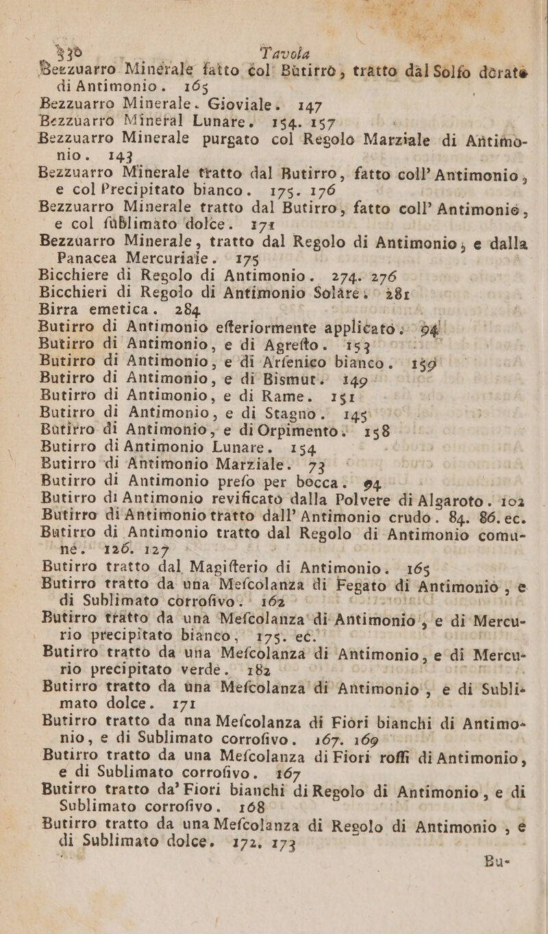 530 fai | Tavola PI eg Beszuarro Minerale fatto dol: Bütirro, tratto dal Solfo dorate di Antimonio. 165 | Bezzuarro Minerale. Gioviale. 147 Bezzuarro Mineral Lunare. 154. 157 ( Bezzuarro Minerale purgato col Regolo Marziale di Añtimo- nio. 143 Bezzuarro Minerale tratto dal Butirro, fatto coll’ Antimonio, e col Precipitato bianco. 175. 176 | Bezzuarro Minerale tratto dal Butirro, fatto coll’ Antimonié, e col füBlimato ‘dolce. 371 Bezzuarro Minerale, tratto dal Regolo di Antimonio; e dalla Panacea Mercuriaie. 175 Bicchiere di Regolo di Antimonio. 274. 276 Bicchieri di Regolo di Antimonio Solare: 281 Birra emetica. 284 i nà Butirro di Antimonio efteriormente applicato. 04 Butirro di Antimonio, e di Agrefto. ‘153 frite Butirro di Antimonio, e di Arfenico bianco. 149 Butirro di Antimonio, e di Bismut. 149: Butirro di Antimonio, e di Rame. 151 Butirro di Antimonio, e di Stagno. 145 Botirro di Antimonio, e di Orpimento? 138 Butirro di Antimonio Lunare. 154 .&lt; Butirro di Antimonio Marziale. 73 Butirro di Antimonio prefo per bocca. © Butirro di Antimonio revificato dalla Polvere di Algaroto . 102 Butirro di Antimonio tratto dall’ Antimonio crudo. 84. 86. ec. Butirro di Antimonio tratto dal Regolo di Antimonio comu- né 120. 1129 Butirro tratto dal Magifterio di Antimonio. 165 Butirro tratto da una Mefcolanza li Fepato di Antimonio , e di Sublimato corrofivo: 162 è 0013 MOIsiù | Butirro tratto da una Mefcolanza di Antimonio , e di Mercu- rio precipitato bianco; 175. ec. EL Butirro tratto da una Mefcolanza di ‘Antimonio; e di Mercu- rio precipitato verde. 182 dat sl re Butirro tratto da una Mefcolanza di Antimonio , e di Subli: mato dolce. 171 Butirro tratto da nna Mefcolanza di Fiori bianchi di Antimo- nio, e di Sublimato corrofivo. 167. 169 Butirro tratto da una Mefcolanza di Fiori roffi di Antimonio, e di Sublimato corrofivo. 167 Butirro tratto da’ Fiori bianchi di Regolo di Antimonio, e di Sublimato corrofivo. 168 È Butirro tratto da una Mefcolanza di Resolo di Antimonio ; € di Sublimato dolce. 172, 173 Bu