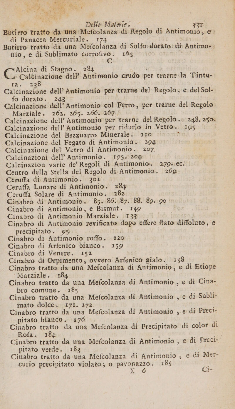 Biititro tratta da una Mefcolanza di Regolo di Antimonio, e» di Panacea Mercuriale. 174 Butirro tratto da una Mefcolanza di Solfo.dorato: di Antimo», nio, e di Sublimato corrofivo. 165 C Caire di Stagno. 284 1 alèinazione dell’ Antimonio crudo per travne la Tintu- rà. ‘238 Calcinazione dell’ Antimonio per trarne del Regolo, e del Sol- fo dorato. 243 Calcinazione dell’ Antimonio col Ferro, per trarne del Regolo Marziale. 262. 2065. 266. 267 : | Calcinazione dell Antimonio per trarne del Regolo... 248, 250 Calcinazione dell’ Antimonio per ridurlo in Vetro. 195 Calcinazione del Bezzuarro Minerale. 110 % Calcinazione del Fegato di Antimonio. 294 Calcinazione del Vetro di Antimonio. 207. Calcinazioni dell’ Antimonio. 195.204 Calcinazion varie de’ Regoli di Antimonio: 279::ec. Centro della Stella del Regolo di Antimonio. 269 Cerufla di Antimonio. 301 Ceruffa Lunare di Antimonio. 284 Ceruffa Solare di Antimonio. 282 Cinabro di Antimonio. 85. 86. 87. 88. 89. 90. Cinabro di Antimonio, e Bismut. 149 Cinabro di Antimonio Marziale. 133 Cinabro di Antimonio revificato dopo effere tato diffoluto, e precipitato. 95 Cinabro di Antimonio roffo. 120 Cinabro di Arfenico bianco. 159 Cinabro di Venere. 152 Cinabro di Orpimento, ovvero Arfenico gialo. 158 Cinabro tratto da una Mefcolanza di Antimonio, e di Etiope ‘Marziale. 184 Cinabro tratto da una Mefcolanza di Antimonio , e di Cina- bro comune. 185 Cinabro tratto da una Mefcolanza di Antimonio , e di Subli- mato dolce. 171. 172 Cinabro tratto da una Mefcolanza di Antimonio ,-e di Preci. pitato bianco. 176 à Cinabro tratto da una Mefcolanza di Precipitato di color di Bofa. 184 Cinabro tratto da una Mefcolanza di Antimonio , e di Preci. I pitato verde. 183 Cinabro tratto da una Mefcolanza di Antimonio , € di Mer- curio precipitato violato; o pavonazzo. 185 :