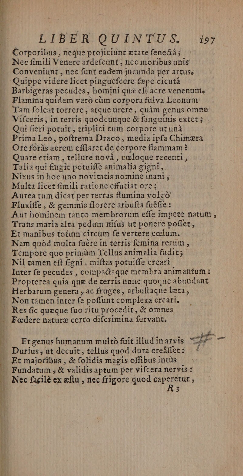 Corporibus , neque projiciunt state fenectá ; Nec fimili Venere ardefcunt , nec moribus unis Conveniunt , nec funt eadem jucunda per artus, Quippe videre licet pinguefcere fepe cicutà Barbigeras pecudes, homini quz eft acre venenum, Flamfna quidem veró cüm corpora fulva Leonum Tam foleat torrere , atque urere , quàm genus omne Vifceris, in terris quodcunque & fanguinis extet 5 Qui fieri potuit , triplici cum corpore ut unà Prima Leo, poftrema Draco , media ipfa Chimztra Ore foris acrem effiaret de corpore flammam? Quare ctiam , tellure novà , caeloque recenti , Talia qui fingit potuiffe animalia gigni ,. Nixus in hoc uno novitatis nomine inani y Multa licet fimili ratione effutiat ore; Aurea tum dicat per terras flumina volgó Fluxiffe , & gemmis florere arbufta fuéfie : Aut hominem tanto membrorum effe impete natum , Trans maria alta pedum nifus ut ponere poffet, Et manibus totum circum fe vertere coelum. Nam quód multa fuére in terris femina rezum , Tempore quo primüm Tellus animalia fudit; Nil tamen eft figni , iniftas potuiffe creari Inter fe pecudes , compa&aque membra animantum : Propterea quia qug de terris nunc quoque abundant Herbatrum genera , ac fruges , arbuftaque leta, Non camen inter fe poffunt complexa creari, Res fic queque fuo ritu procedit, & omnes Fadere nature certo difcrimina fervant, Ftgenus humanum multó fuit illud inarvis Er HM Durius, at decuit, tellus quod dura creáffet: — : Et majoribus , & folidis magis offibusntüs Fundatum , & validis aptum per vifcera nervis : A 3