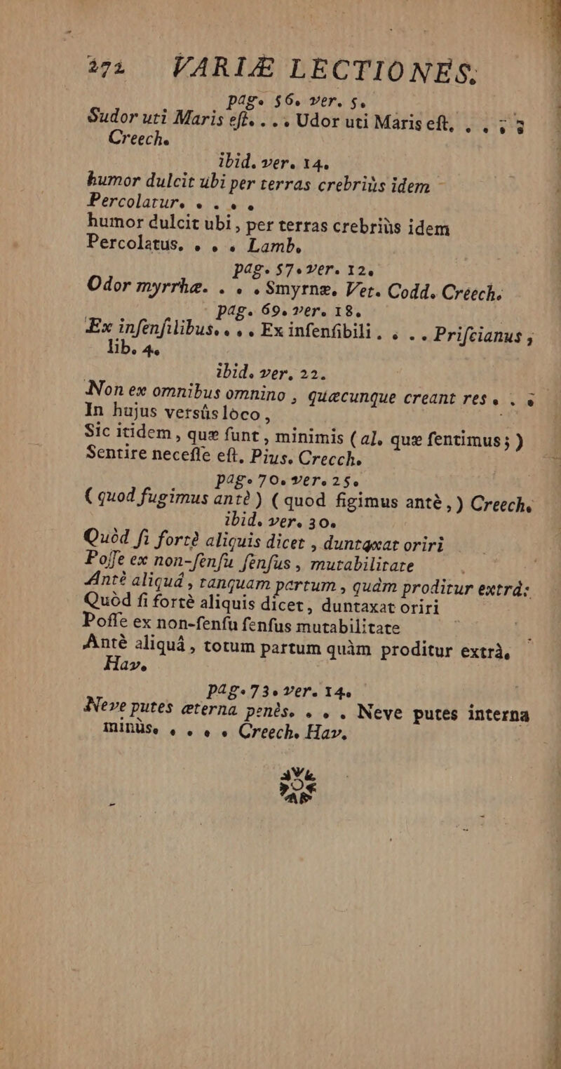 pag. $6. ver. 5$. —— Sudor uti Maris eff. . . . Udor uti Maris eft, LM Creech. ibid. ver. 14. humor dulcit ubi per terras crebrius idem - Percolarure «/. a. humor dulcit ubi , per terras crebriüs idem Percolatus, . . . Lamb, P4g- $7» Ver. 12. Odor myrrhe. .'. . Smyrng. Vet. Codd. Creech; pag. 69. ver. 18. Ex infenfilibus, ., . Ex infenfibili. , .. Prifcianus , lib. 4, ibid. ver. 22. Non ex omnibus omnino , quecunque creant Te$« . « In hujus versüsloco, Sic itidem , qux funt , minimis (al. que fentimus; ) Sentire neceffe eft, Pius, Crecch, P?^g* 70». Y£r«25$e ( quod fugimus ant? ) ( quod figimus anté,) Creech, ibid. ver. 30. Quéd fi fort? aliquis dicet , duntgxat oriri Pojfe ex non-fenfa fenfus , mutabilitare Int? aliquá , ranquam pertum , qudm proditur extrd: Quód fi forté aliquis dicet, duntaxat oriri Poffe ex non-fenfu fenfus mutabilitate Anté aliquá, totum partum quàm proditur extrà, Hav. p4g*73» ver. 14, * Neve putes eterna penis. . . . Neve putes interna minüs. . . . . Creech. Hav, 3V&amp;. [9j ABS id — wr nm s