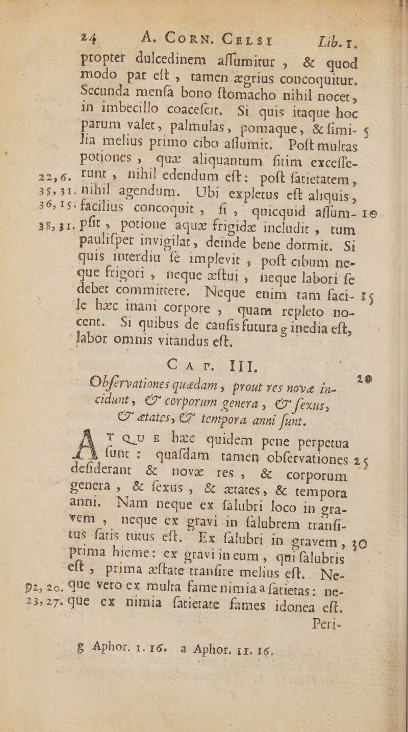 CTMIDEOROMK OG ND REESE pe 24 — À. CORN. Czrsr Lib. s. propter dulcedinem affumitur , &amp; quod modo par eft , tamen zgrius concoquitur. Secanda menfa bono ftomacho nihil nocet, in imbecillo coacefcit. | Si quis itaque hoc parum valet, palmulas, pomaque, &amp; fimi- lia melius primo cibo affumit. — Poft multas potuones, quz aliquantum fitim exceffe- 22,6. TUDt , nihil edendum eft: poft (atietatem , 35,31. Dihil agendum. — Ubi expletus eft aliquis , 36,1$.facllius concoquit , fi, quicquid. affum- 1e 38,31. Pfit ;. potione aqux frigide includit , tum paulifper invigilat , deinde bene dormit. Si quis interdia fe implevit , poft cibum ne- que frigori , neque zítui , neque labori fe debet committere, Neque enim tam faci- 1 $ le hac inani corpore , quam repleto no- cent. Si quibus de caufis futura g inedia eft, labor omnis vitandus eft. CA. £. III. Obférvationes quadam , prout res nove ia- cidunt, €7 corporum eenera , €7' fexus, C7 tates, C2 tempora. anni funt. Á T QU E hzc quidem pene perpetua (unt : - quafdam tamen obfervationes 25 defiderant &amp; nove res, &amp; corporum genera , &amp; íexus , &amp; zxtates, &amp; tempora anni, Nam neque ex falubri loco in gra- vem , neque ex gravi in falubrem tranfi- tus fatis tutus eft. Ex falubri in gravem , 30 prima hieme: ex gravi ineum, qui fàlubris eft, prima zflate tranfire melius eft... Ne- 92, 2o, Qe Vero ex multa famenimiaa atietas: ne- 23,27.que ex nimia íatietate fames idonea eft. Peri- Muf 28